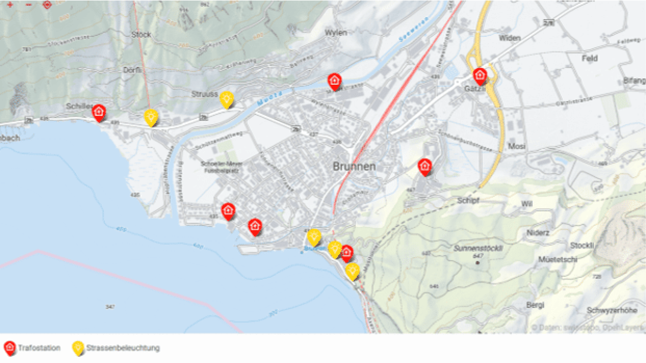 SILOVEDA Assetportal zeigt grafisch die Anlagenstandorte mit swisstopo