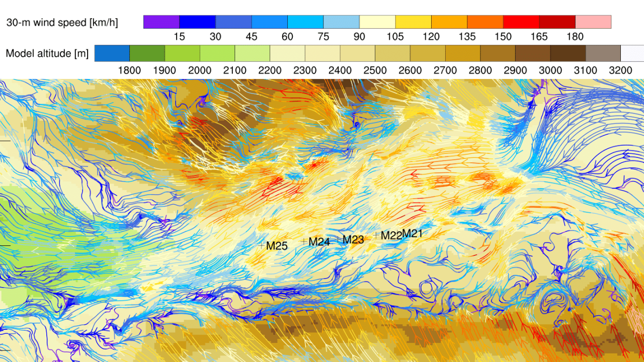 Modellierte Windbedingungen an den Hochspannungsmasten (M21-M25) auf dem Albulapass.