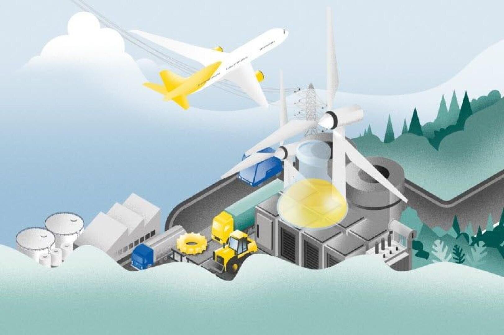 Illustration of a factory with wind turbines, trucks, containers and gearboxes in the foreground. An airplane flies overhead, and trees and storage tanks can be seen in the background.