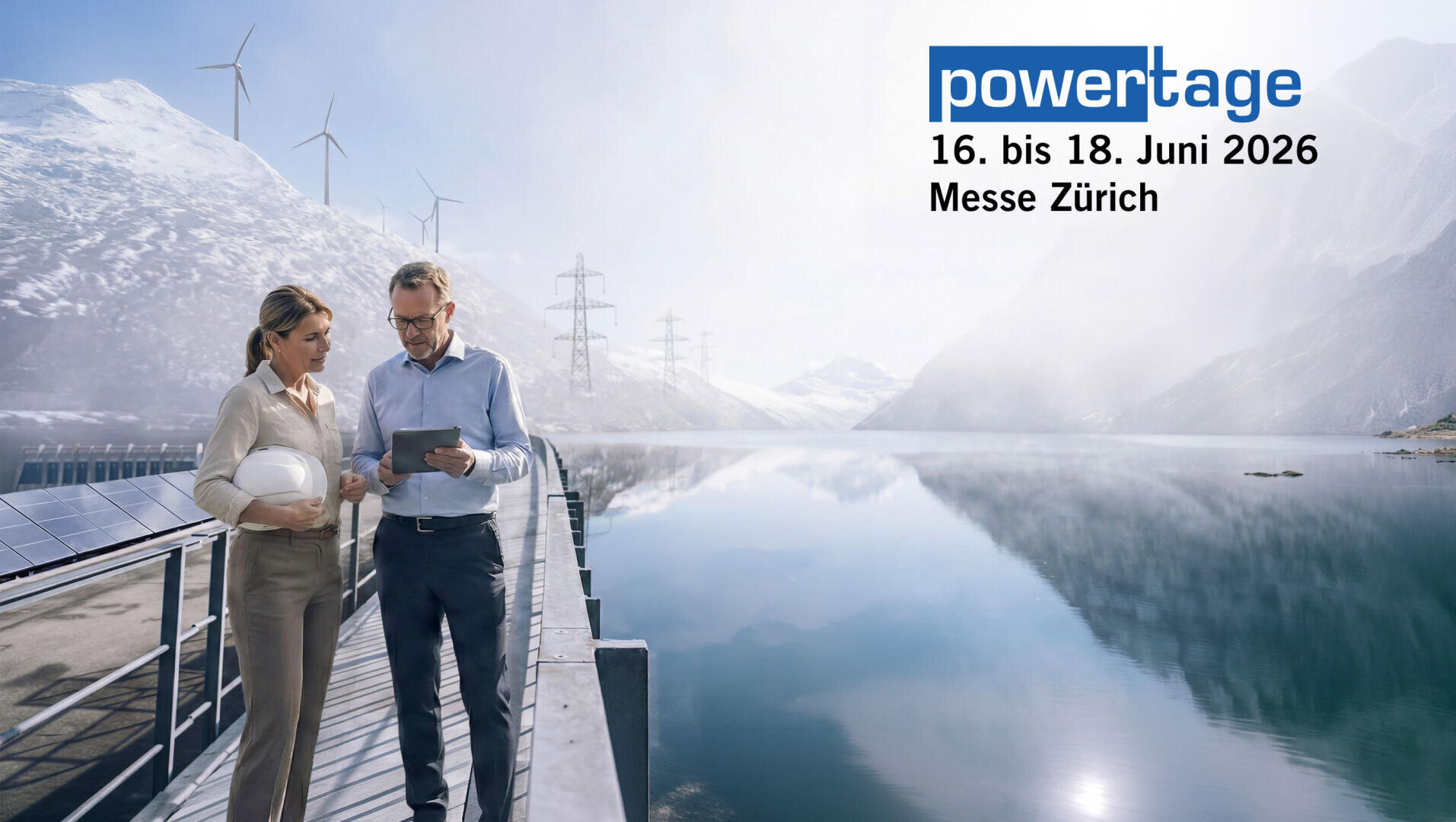 Zwei Personen stehen an einem See mit Sonnenkollektoren, Windrädern und Stromleitungen im Hintergrund. Der Text lautet: powertage 16. bis 18. Juni 2026 Messe Zürich. Schneebedeckte Berge und blauer Himmel sind zu sehen.