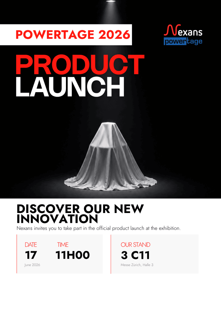 Poster for Nexans Powertage 2026 product launch, featuring a spotlighted object covered by a white cloth. Event details: June 17, 2026, 11:00 AM, Stand 3 C11, Messe Zürich, Hall 3.