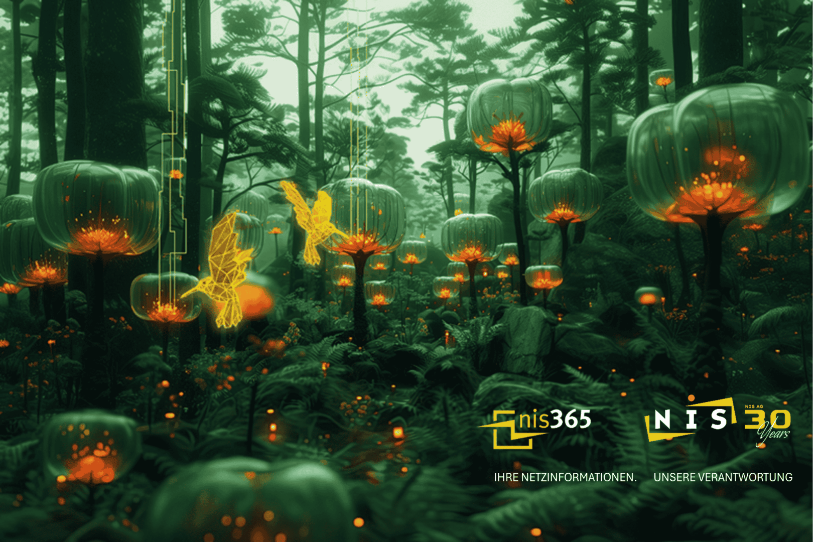 Ein üppiger Wald mit leuchtenden Pflanzen und zwei digitalen Drahtgittervögeln. Futuristische Grafiken und orangefarbene Lichter füllen die Szene. Die Logos in der Ecke lauten nis365 und NIS 30 Jahre, darunter steht ein deutscher Text.