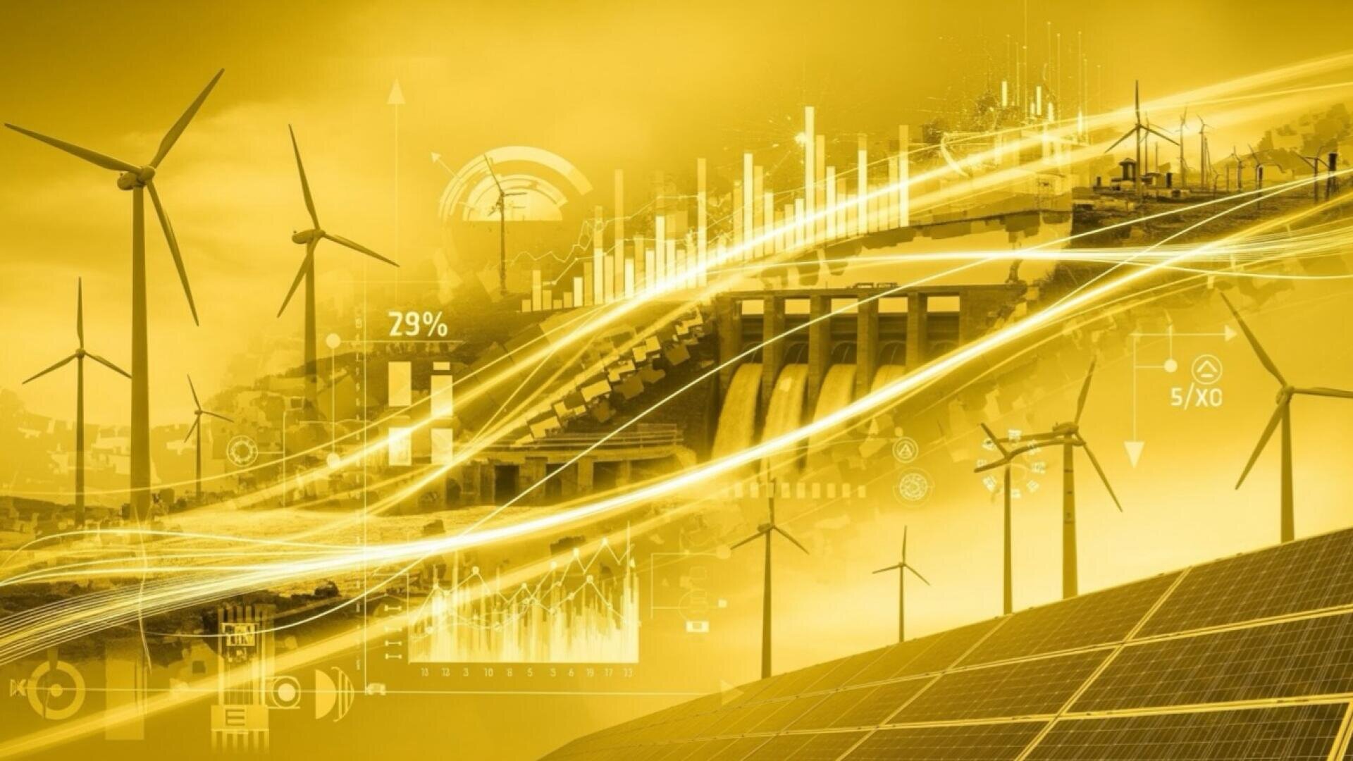 Ein digital verbessertes Bild mit Windturbinen, Sonnenkollektoren und einem Staudamm, überlagert von Energiediagrammen, Tabellen und leuchtenden gelben Wellen, die erneuerbare Energien und die Integration von Technologien symbolisieren.