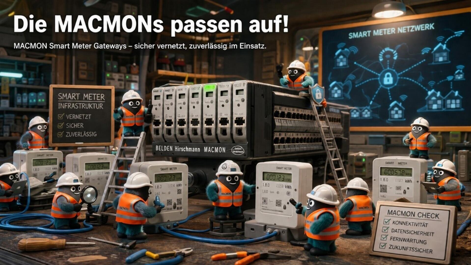 Ein Kontrollraum mit Cartoon-Waschbären in Schutzkleidung, die intelligente Zähler und Netzwerkgeräte überwachen. Der Text lautet: "Die MACMONs passen auf!" und wirbt für MACMON Smart Meter Gateways für eine sichere, zuverlässige Vernetzung.