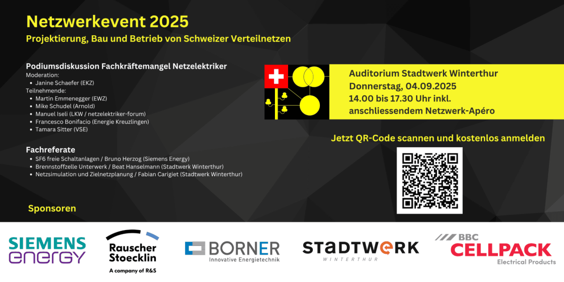 Veranstaltungsflyer für den Netzwerkevent 2025 mit Diskussion und Präsentationen über Schweizer Stromnetze, der am 4. September 2025 im Stadtwerk Winterthur stattfindet. Enthält Veranstaltungsdetails, Sponsorenlogos, QR-Code und eine Schweizer Flaggengrafik.