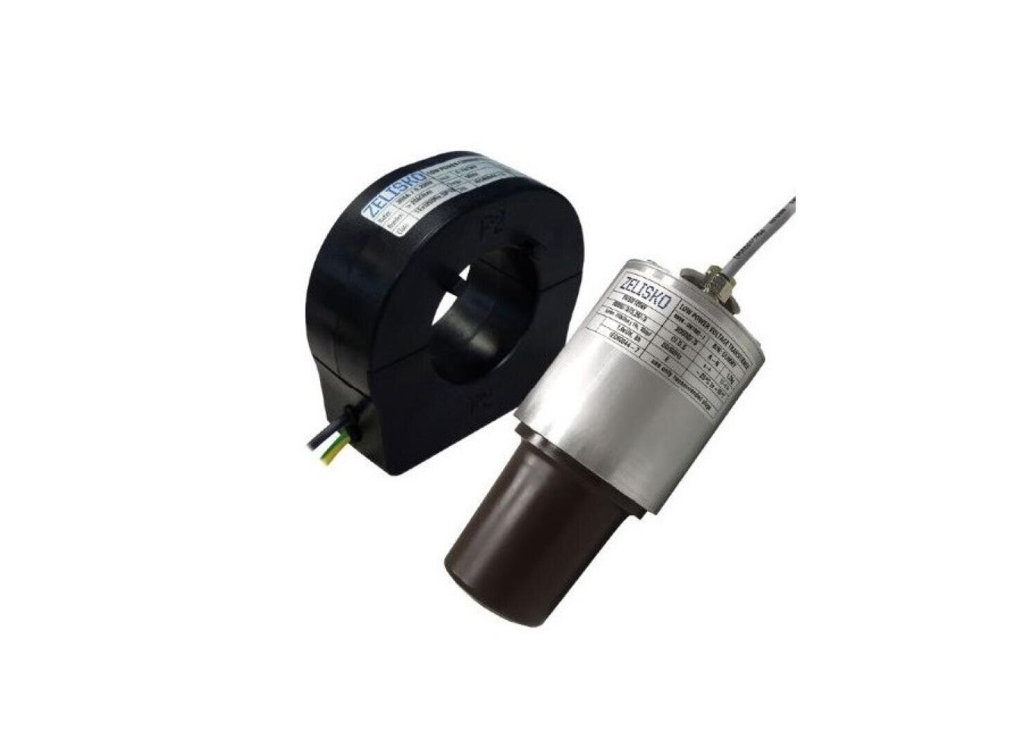 Zwei Arten von Stromsensoren: ein schwarzer, rechteckiger Ring mit einem Loch in der Mitte und ein zylindrischer Metallsensor mit einer braunen Spitze, an dem ein Kabel befestigt ist.