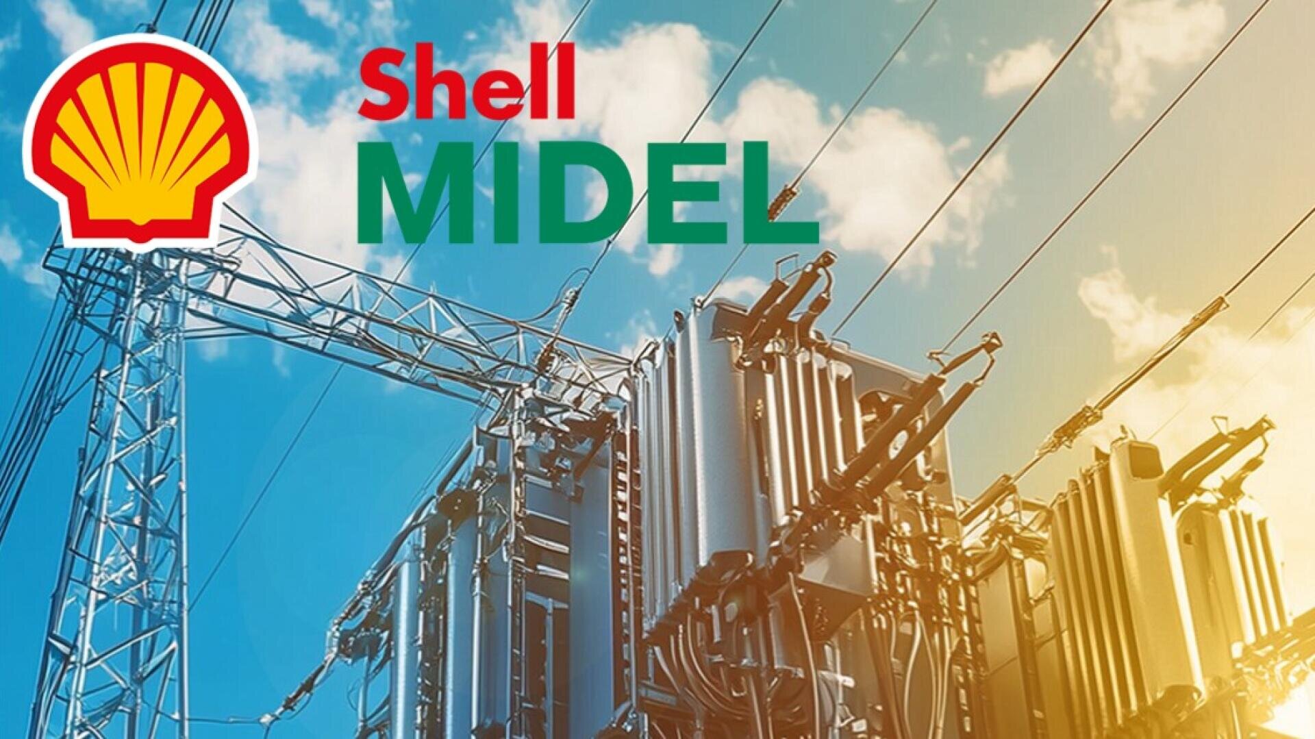 High-voltage electrical transformers under a blue sky with clouds. The Shell logo and the words Shell MIDEL are overlaid in the top left corner of the image.