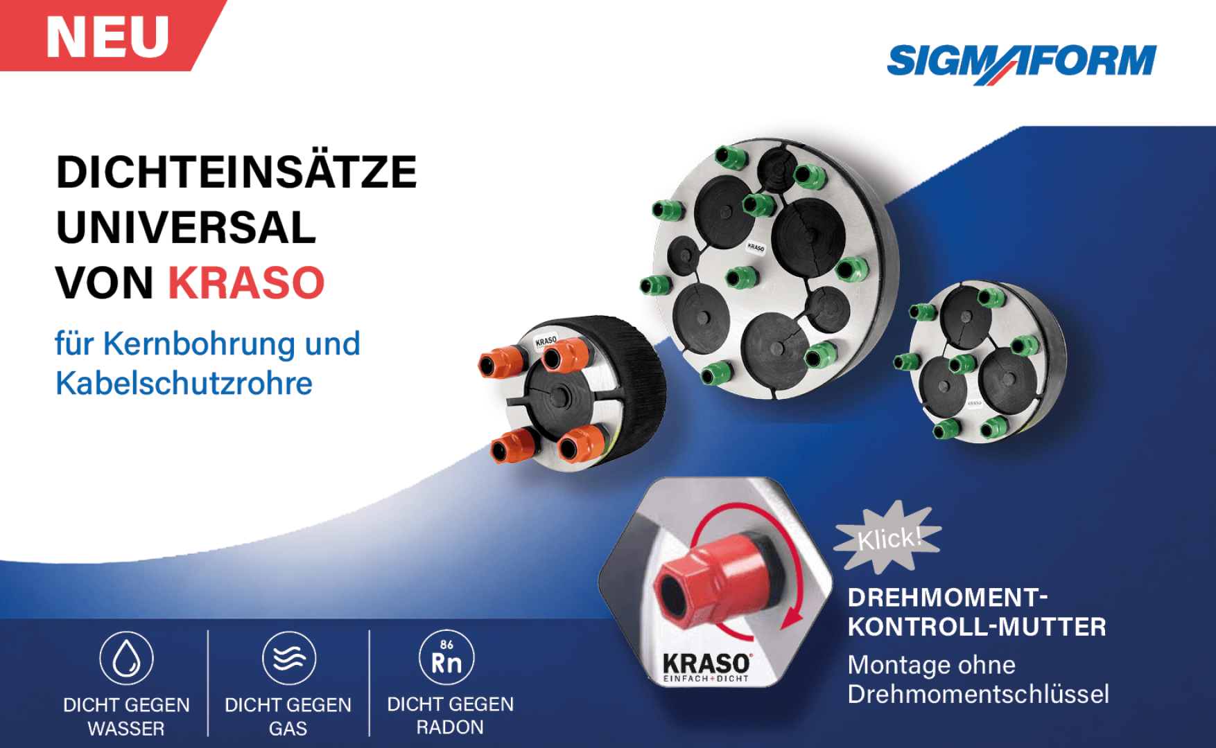 Werbegrafik für SIGMAFORMs KRASO Universal-Dichteinsätze mit Produktbildern, Symbolen für Wasser-, Gas- und Radonschutz sowie Text, der die werkzeuglose Montage und die Funktion einer einrastenden Kontrollmutter hervorhebt.