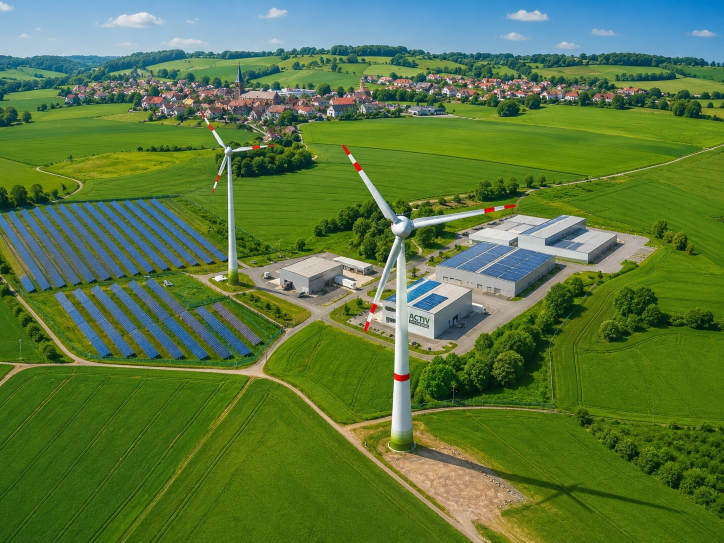 Luftaufnahme von Windturbinen, Sonnenkollektoren und Industriegebäuden in einer grünen ländlichen Landschaft mit einem kleinen Dorf im Hintergrund unter blauem Himmel.