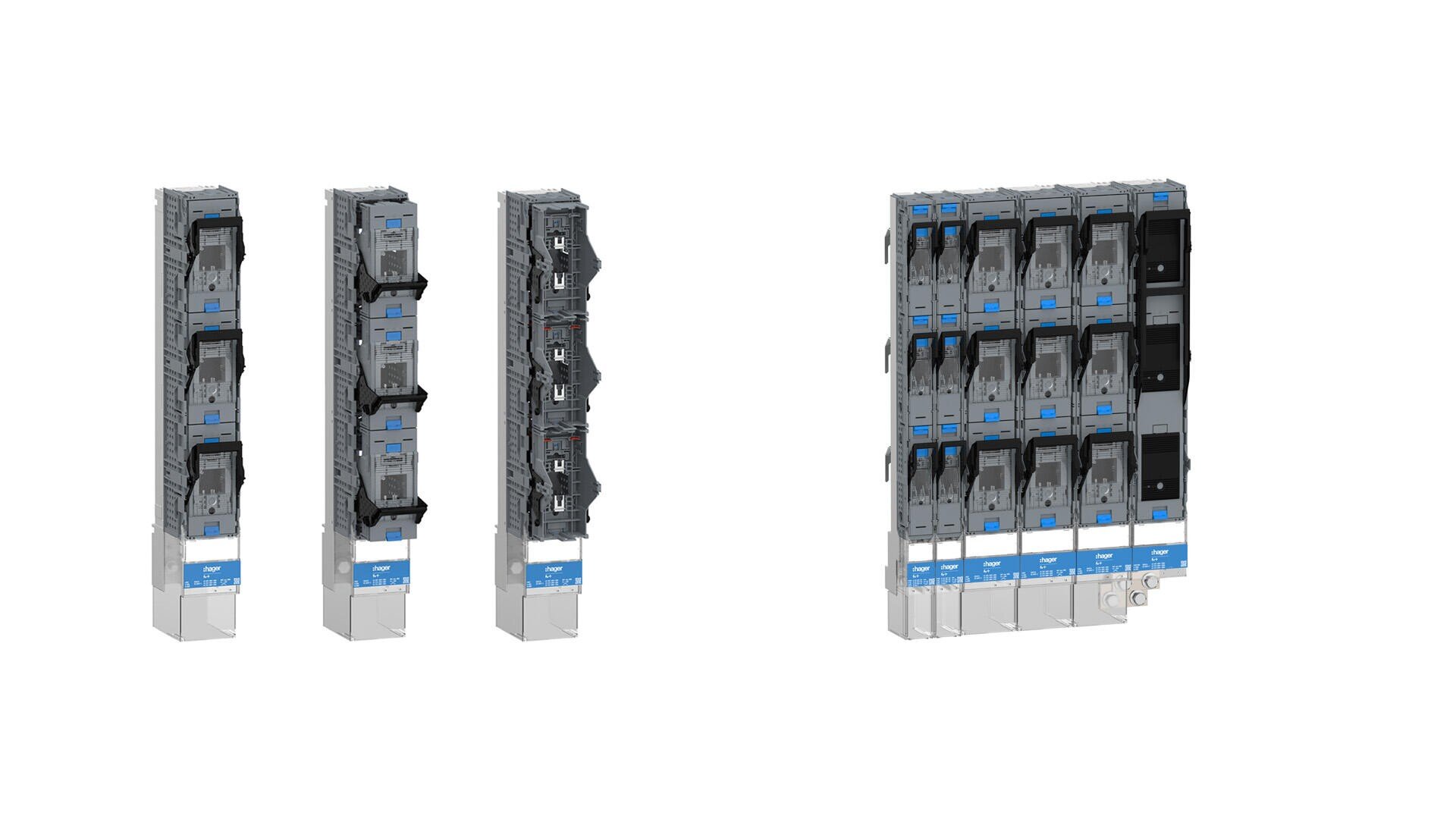 Auf der linken Seite sind drei Trennschaltermodule mit jeweils mehreren Trennschaltern abgebildet, auf der rechten Seite ein größeres Modul mit mehreren Schaltern, alle mit grauen Gehäusen und blauen Etiketten an der Unterseite.