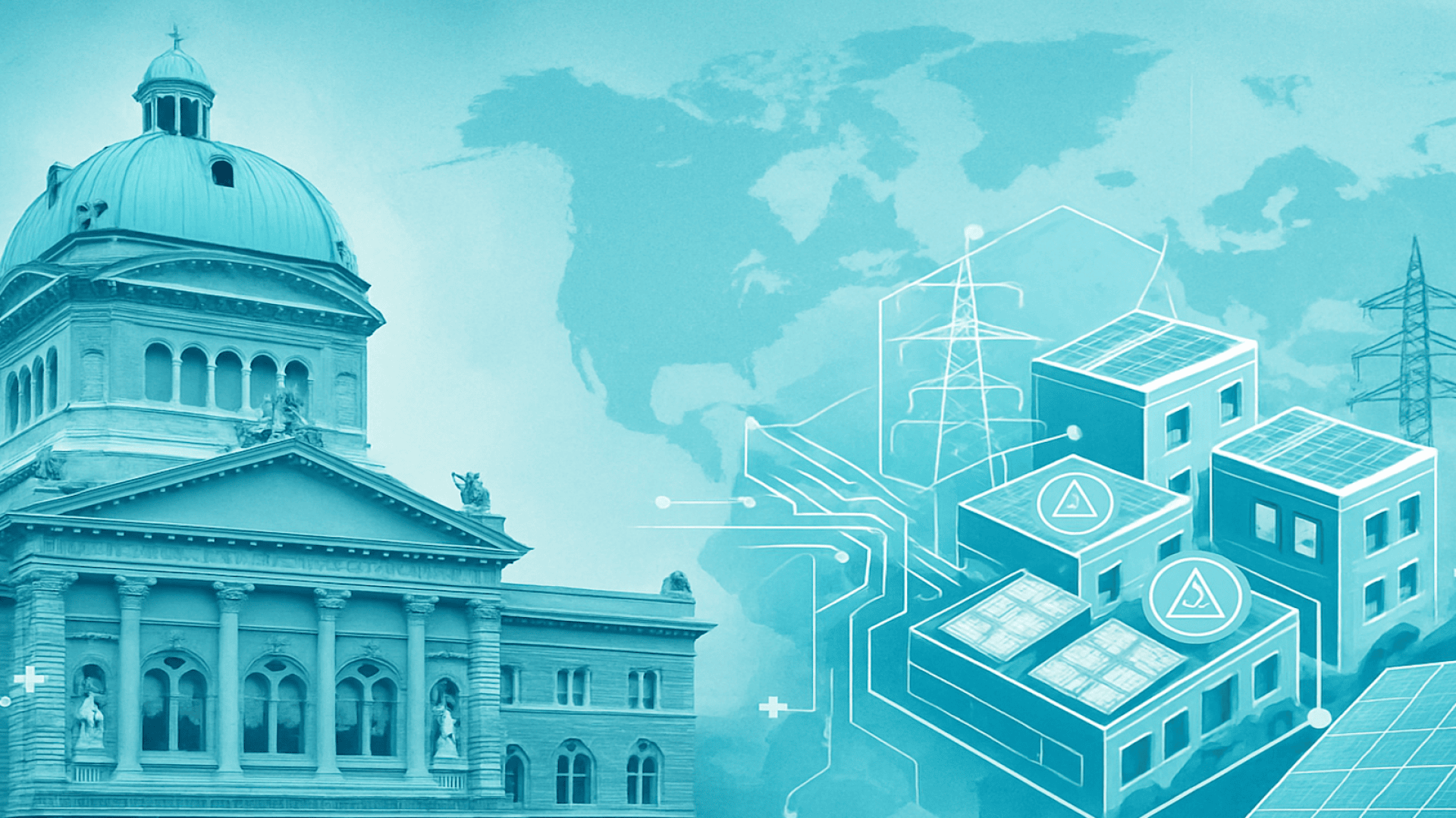 Auf der linken Seite ist ein historisches Kuppelgebäude zu sehen, während auf der rechten Seite stilisierte moderne Gebäude mit Sonnenkollektoren und digitalen Leitungen vor einem Weltkartenhintergrund mit Abbildungen von Stromleitungen erscheinen.