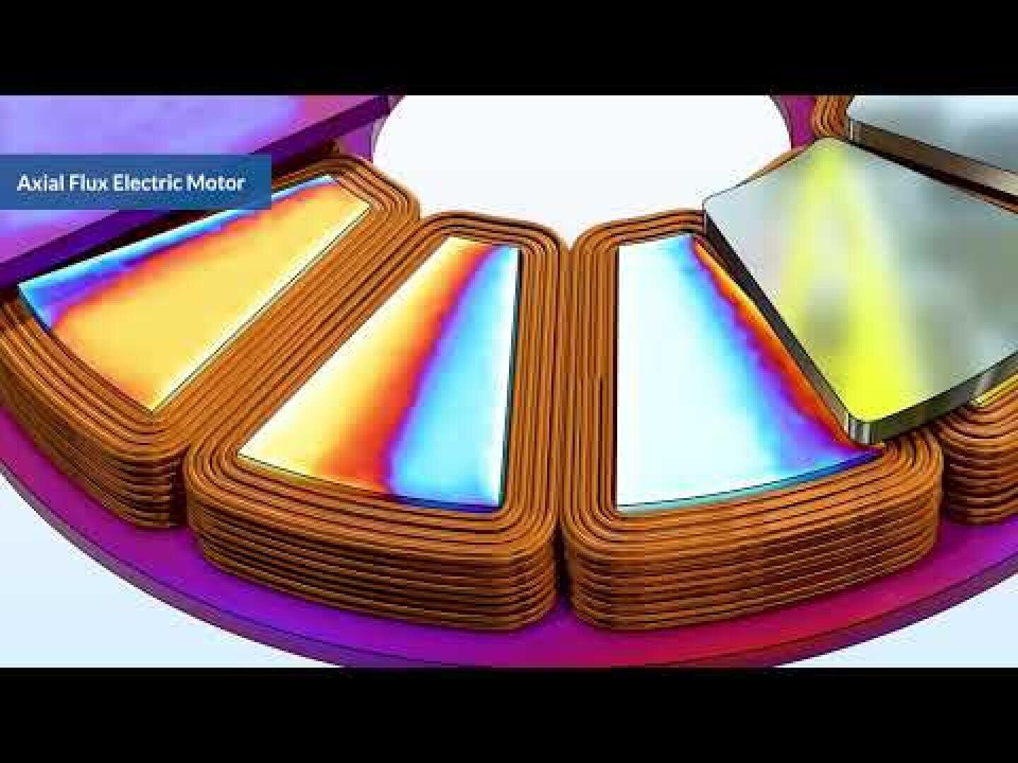 Eine Nahaufnahme eines Axialfluss-Elektromotors, die geschichtete Kupferspulen und reflektierende Metallteile zeigt, die in einem kreisförmigen Muster angeordnet sind. Auf dem Etikett steht "Axial Flux Electric Motor".