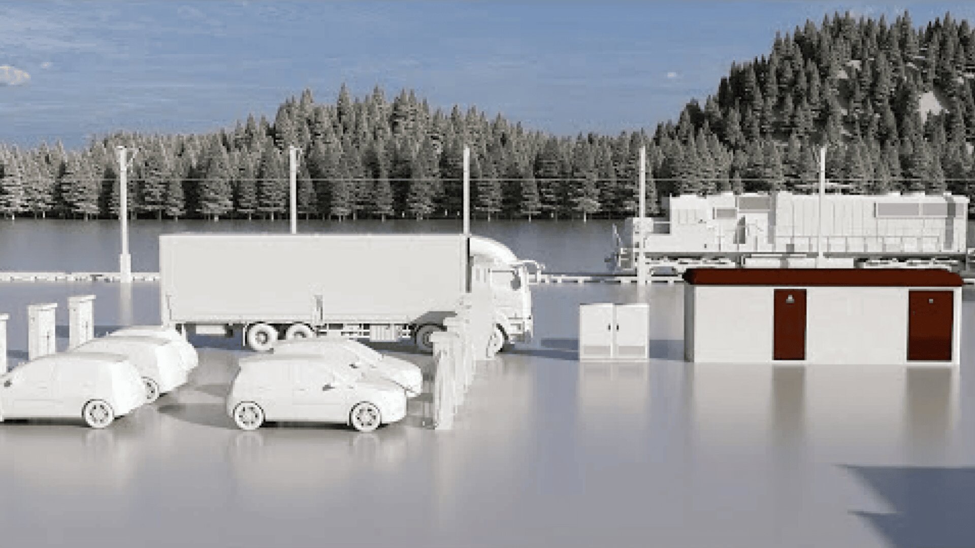 A digitally rendered scene shows several white electric cars and a truck at charging stations near a building, with a train and forested hills in the background.