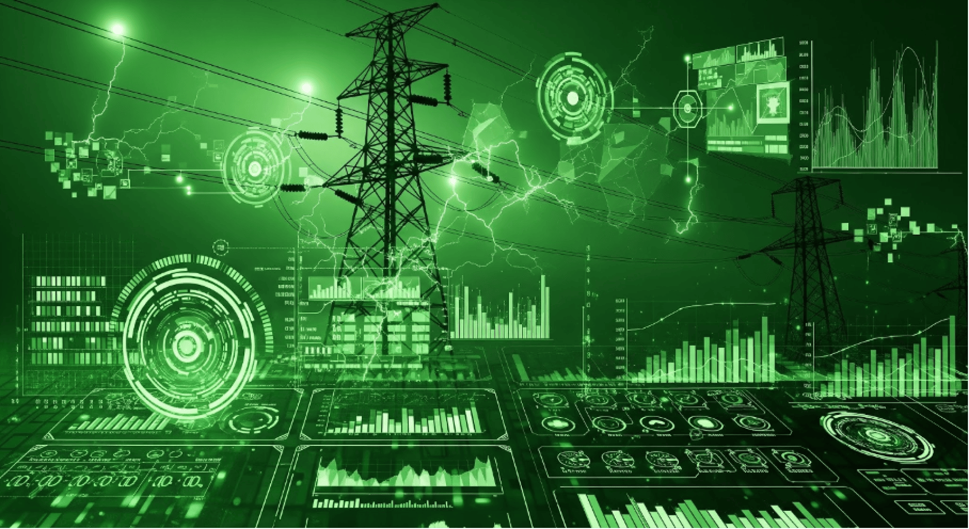 A digital illustration of a power transmission tower surrounded by futuristic data interfaces, diagrams and graphics, all in shades of green, symbolizing smart energy management and advanced technology in the energy industry.