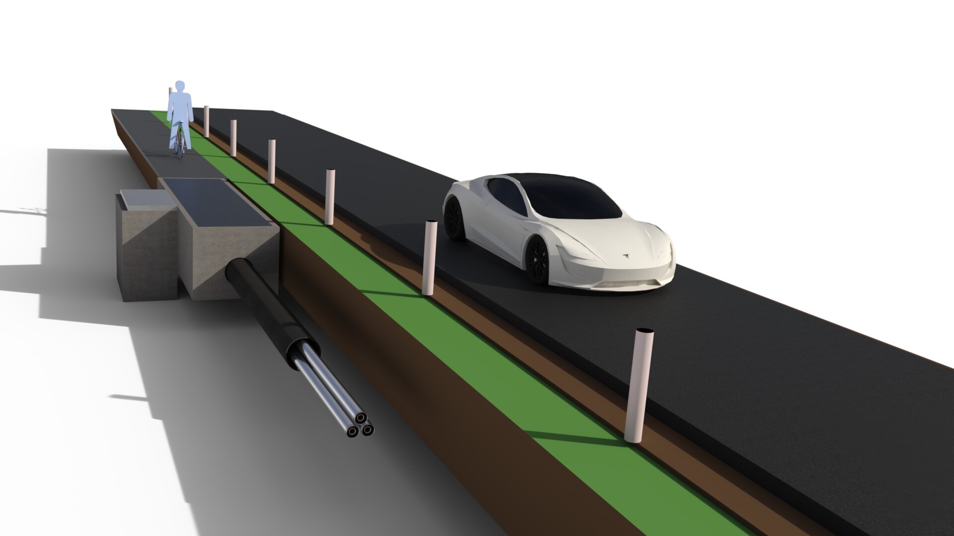 Ein gerendertes Bild zeigt eine Hochstraße mit einem weißen Auto auf einer schwarzen Fahrbahn, einem separaten grünen Fahrrad- oder Fußgängerweg und einem unterirdischen Tunnel mit Kabeln. Zwei Figuren gehen auf dem Weg neben der Autospur.