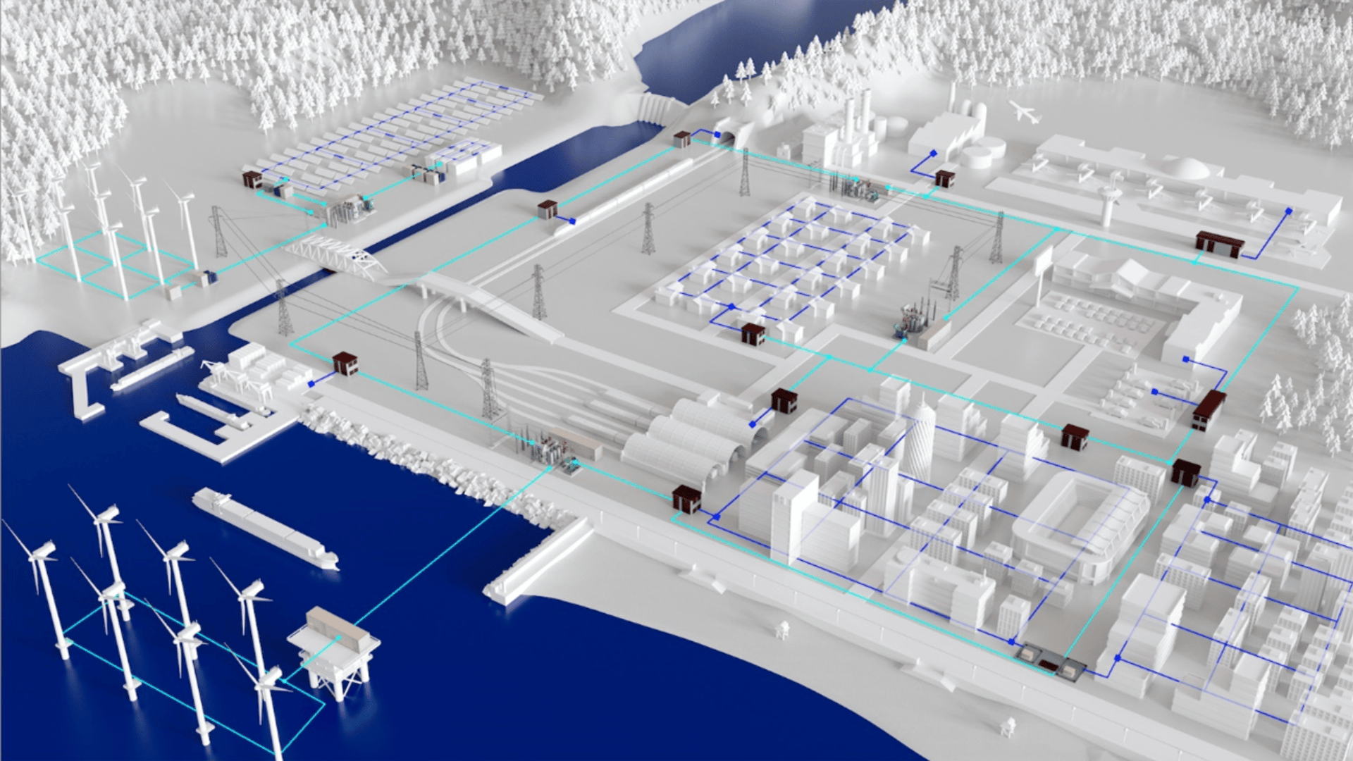 A 3D-rendered model of a coastal industrial complex featuring wind turbines, ships, warehouses, factories, electric power lines, and water, surrounded by trees and infrastructure networks.