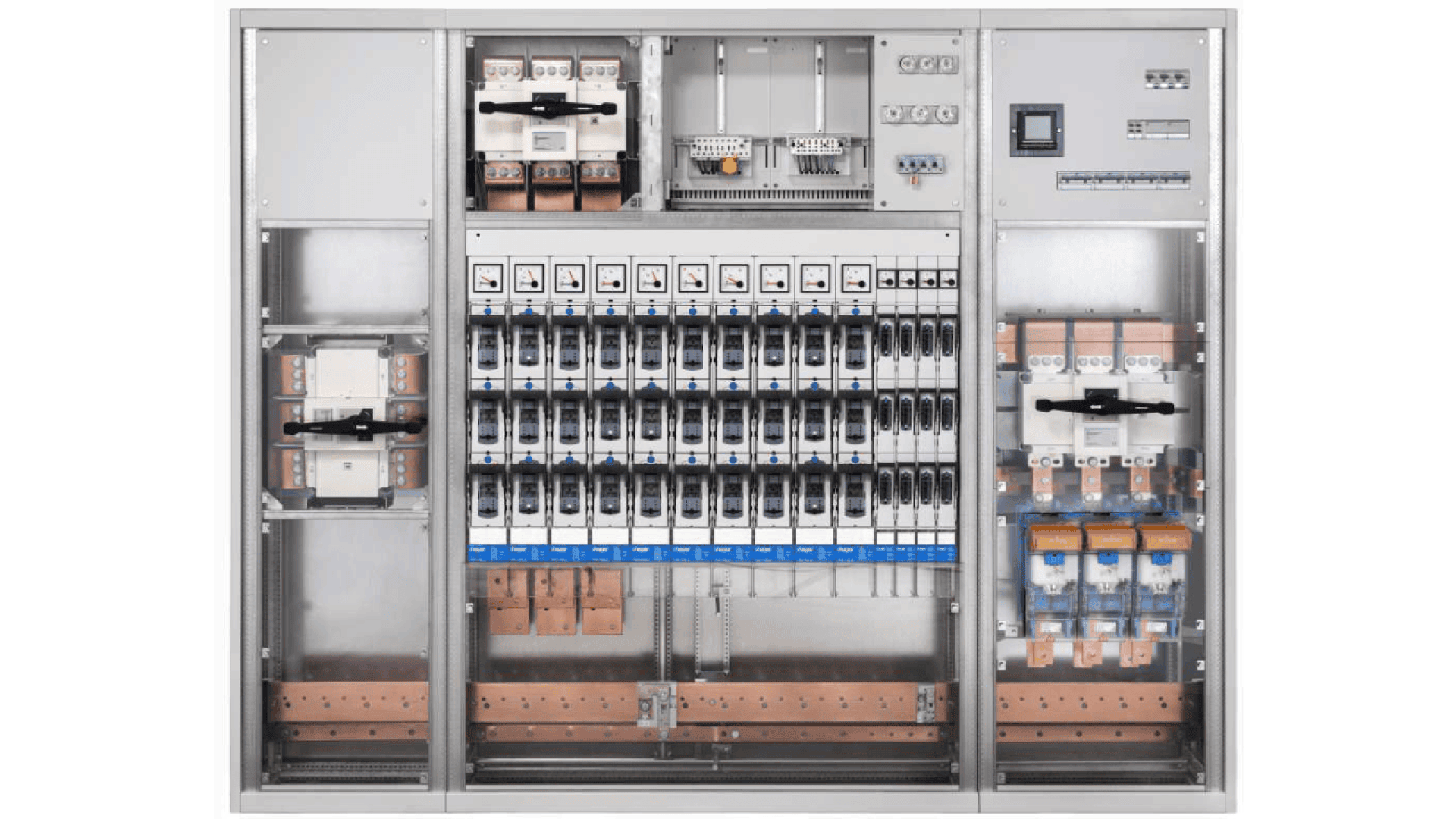 A metal electrical panel with multiple circuit breakers, switches, and wiring, organized in rows and columns. Copper busbars are visible at the bottom, and control components are mounted on the panel.