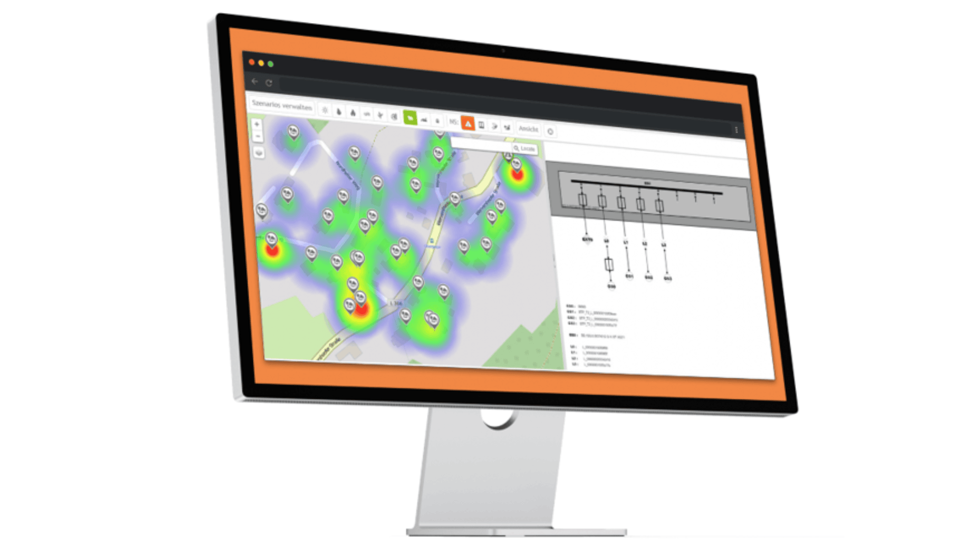 Ein Computermonitor zeigt eine Karte mit farbigen Heatmap-Datenpunkten und eine Seitenleiste mit einem hierarchischen Diagramm. Der Bildschirm scheint Teil einer Datenanalyse- oder Kartierungssoftware zu sein.