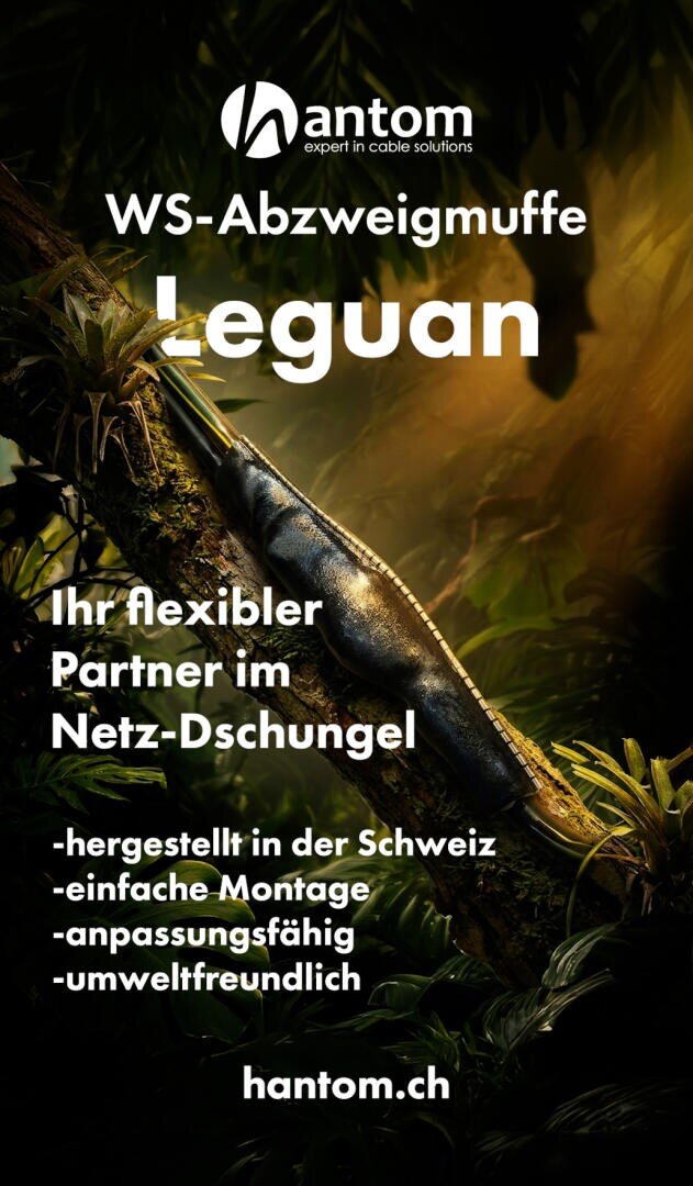 Ein Kabelmantelprodukt ist an einem Ast in einer Dschungelumgebung befestigt. Der Text hebt die Flexibilität, die Schweizer Herstellung, die einfache Installation, die Anpassungsfähigkeit und die Umweltfreundlichkeit hervor. Die Marke Hantom wird hervorgehoben.