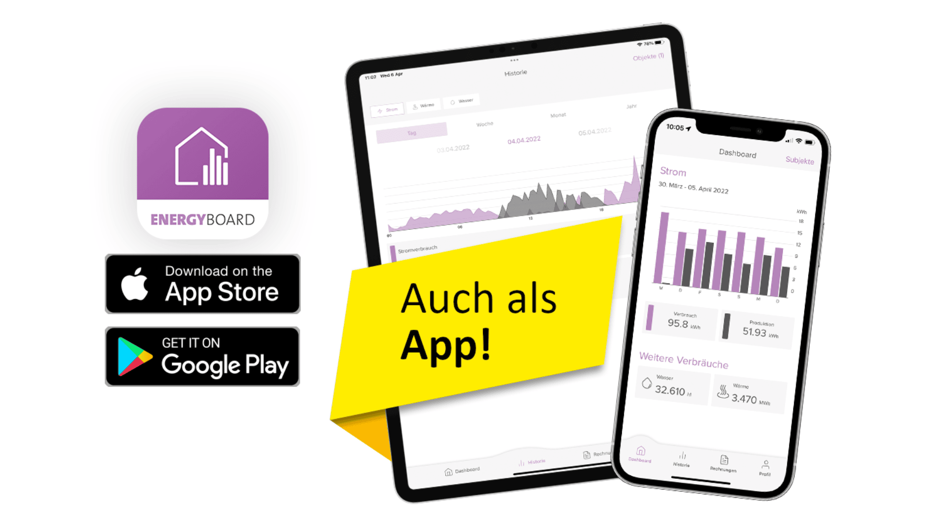 Werbebild mit dem Logo der ENERGYBOARD-App, einem iPad und einem Smartphone mit Energieverbrauchsdiagrammen, einem gelben Banner mit der Aufschrift "Auch als App!" und Schaltflächen zum Herunterladen aus dem App Store und von Google Play.