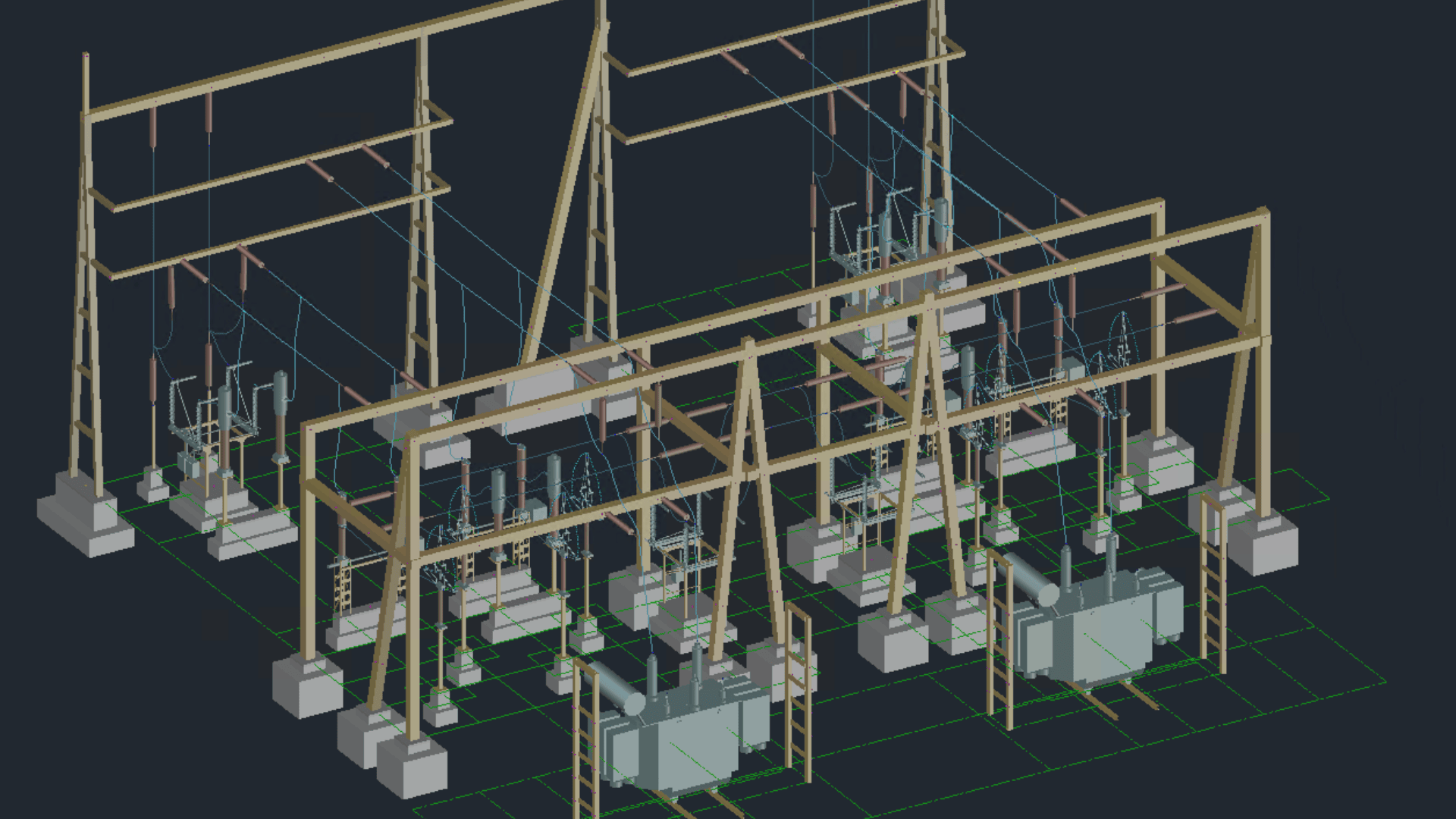 3D-CAD-Modell eines elektrischen Umspannwerks mit Transformatoren, Leistungsschaltern, Isolatoren und hölzernen Stützkonstruktionen, die alle in einem organisierten Raster mit grünen Referenzlinien angeordnet sind.