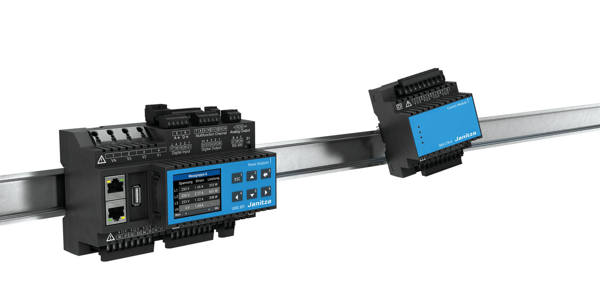 Two black and blue industrial control modules mounted on a metal DIN rail with various labeled input/output connectors, buttons and indicator lights used for automation or monitoring systems.