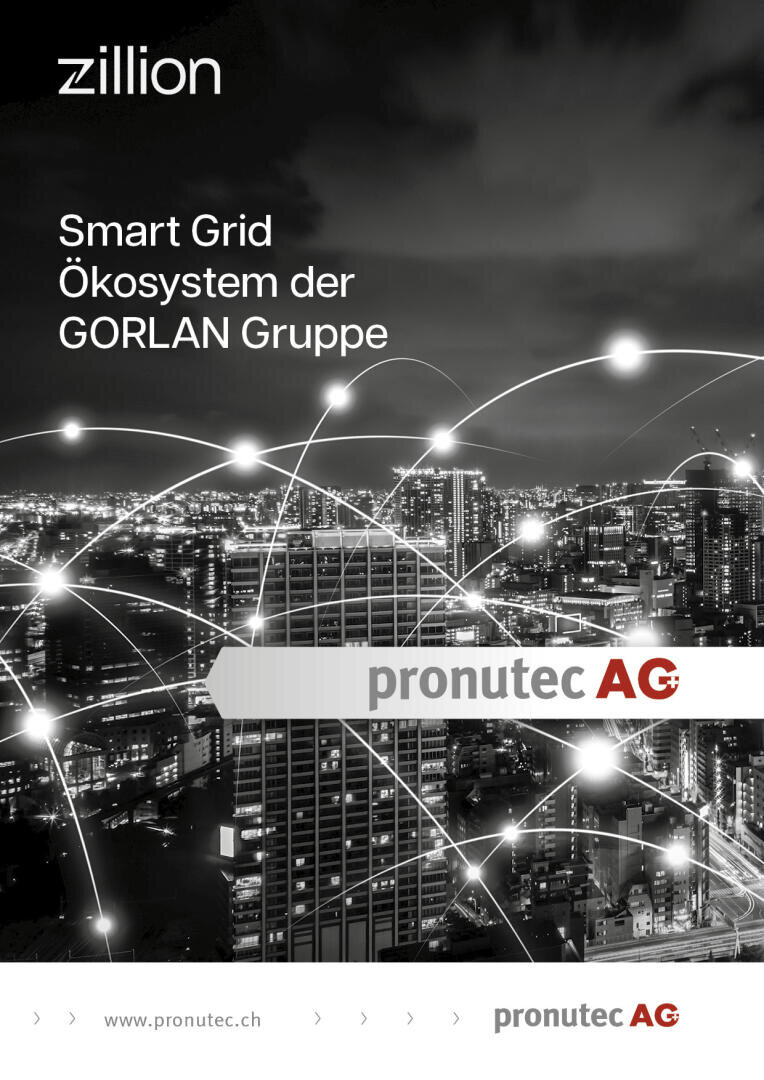 A nighttime cityscape featuring illuminated buildings and glowing lines representing a smart grid network. The text displayed reads: “GORLAN Group Smart Grid Ecosystem” and “pronutec AG.” The logos for “zillion” and “pronutec AG” are visible.