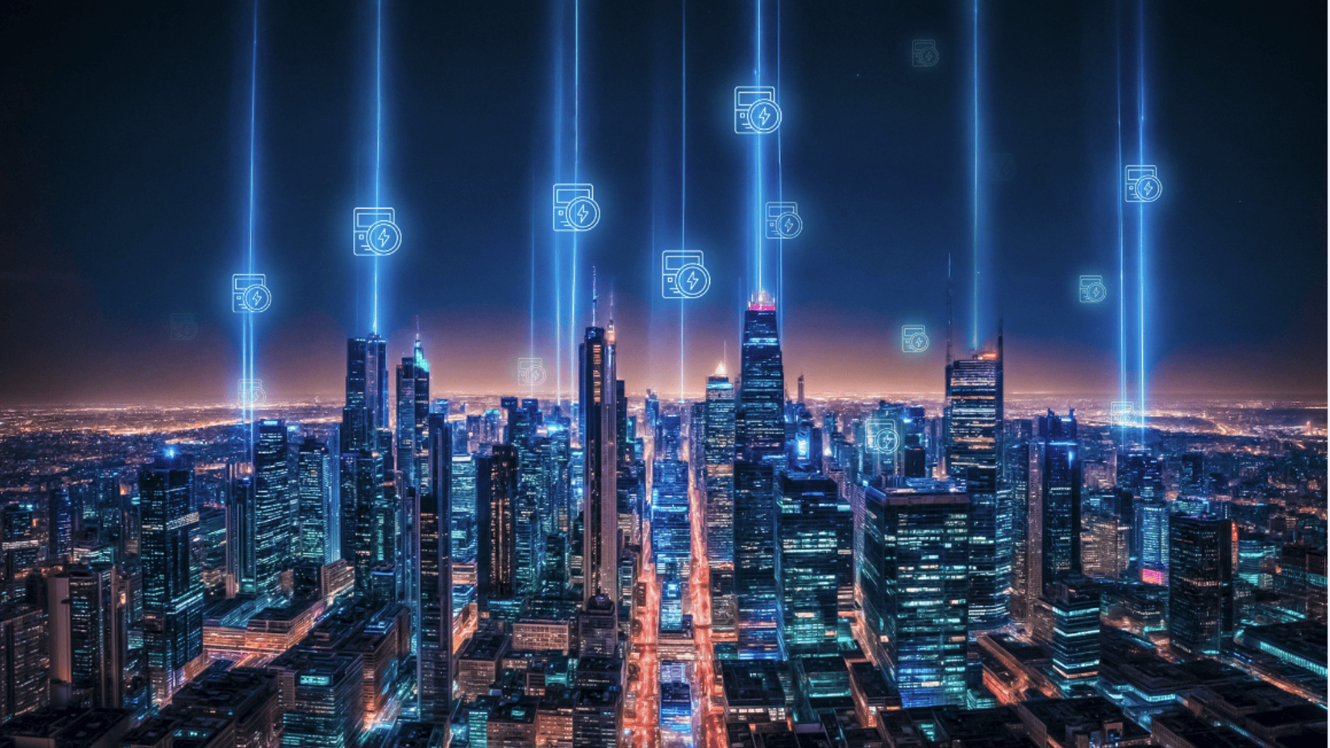 Eine futuristische Stadtlandschaft bei Nacht mit blau beleuchteten Wolkenkratzern; digitale Symbole und leuchtende Balken verbinden die Gebäude und symbolisieren fortschrittliche Technologie und Datenkonnektivität.