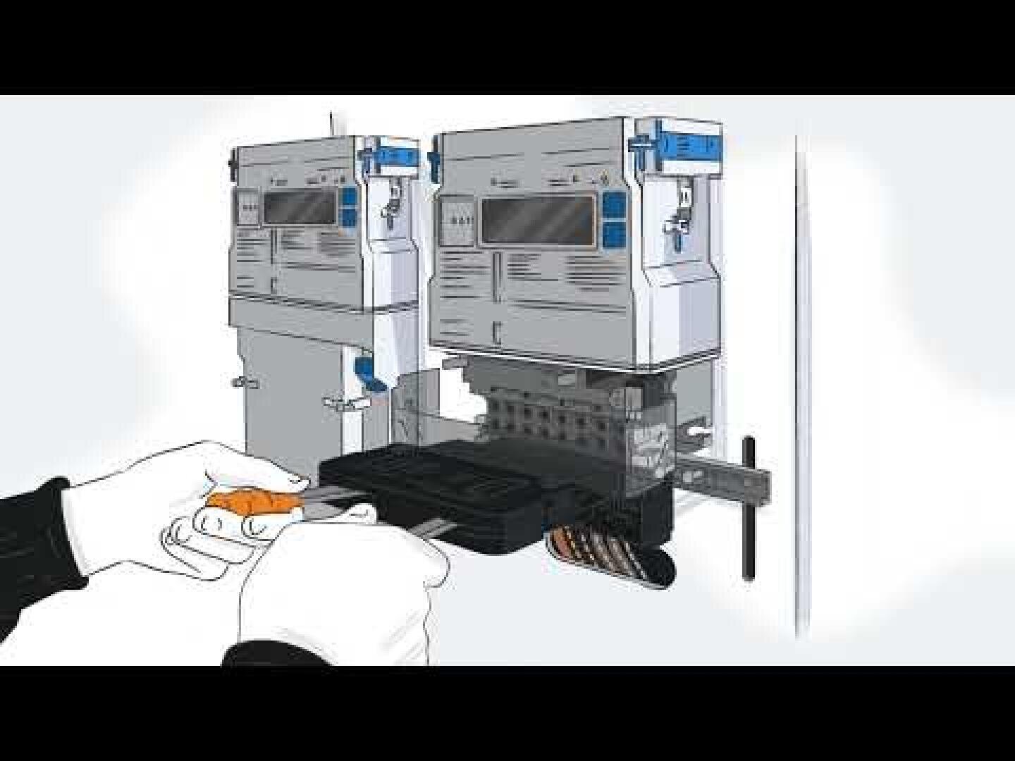 Illustration of gloved hands using a screwdriver to adjust or connect wiring on an electrical meter mounted on a wall, with another meter beside it.