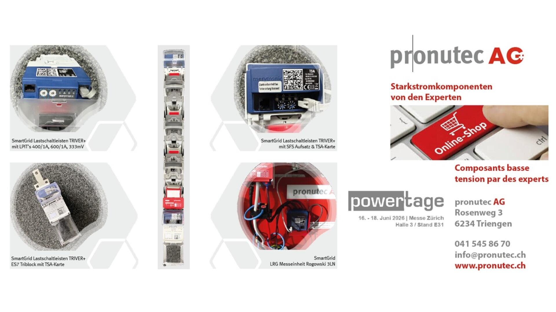 Grid layout with various electrical components, close-ups of devices, a hand operating a touchscreen labeled Online Shop, and pronutec AG contact information with branding and event information on the right.