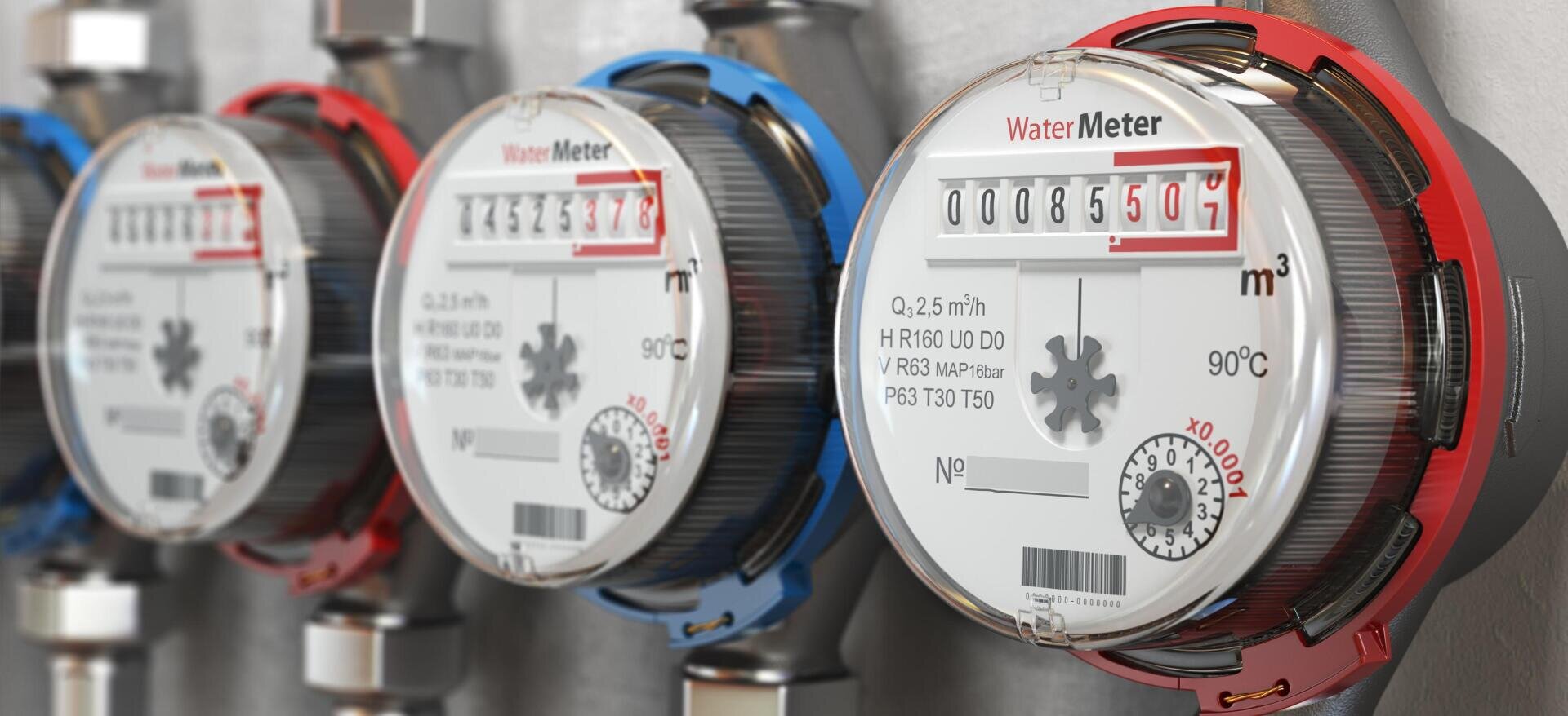 Nahaufnahme von drei an einer Wand montierten Wasserzählern mit sichtbaren Ziffernblättern und roten und blauen Markierungen; der nächstgelegene Zähler zeigt einen Wert von 00085607 an.