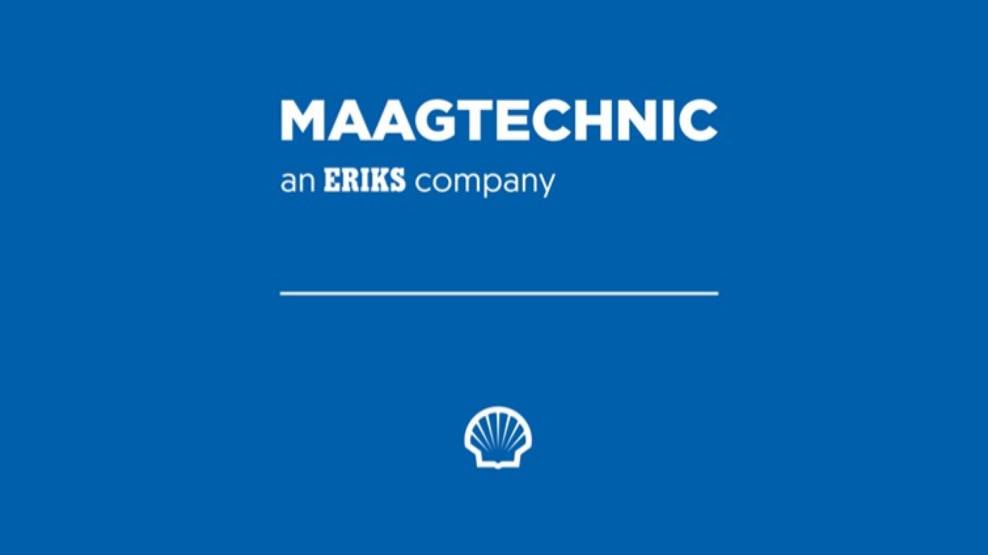 Blauer Hintergrund mit weißem Text mit der Aufschrift MAAGTECHNIC, ein ERIKS-Unternehmen. Unterhalb des Textes befindet sich eine dünne horizontale Linie und darunter ein kleines weißes Muschelsymbol.