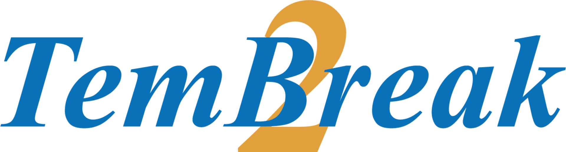 Logo mit blauem kursivem Text TemBreak und einer großen orangefarbenen 2 hinter dem mB.