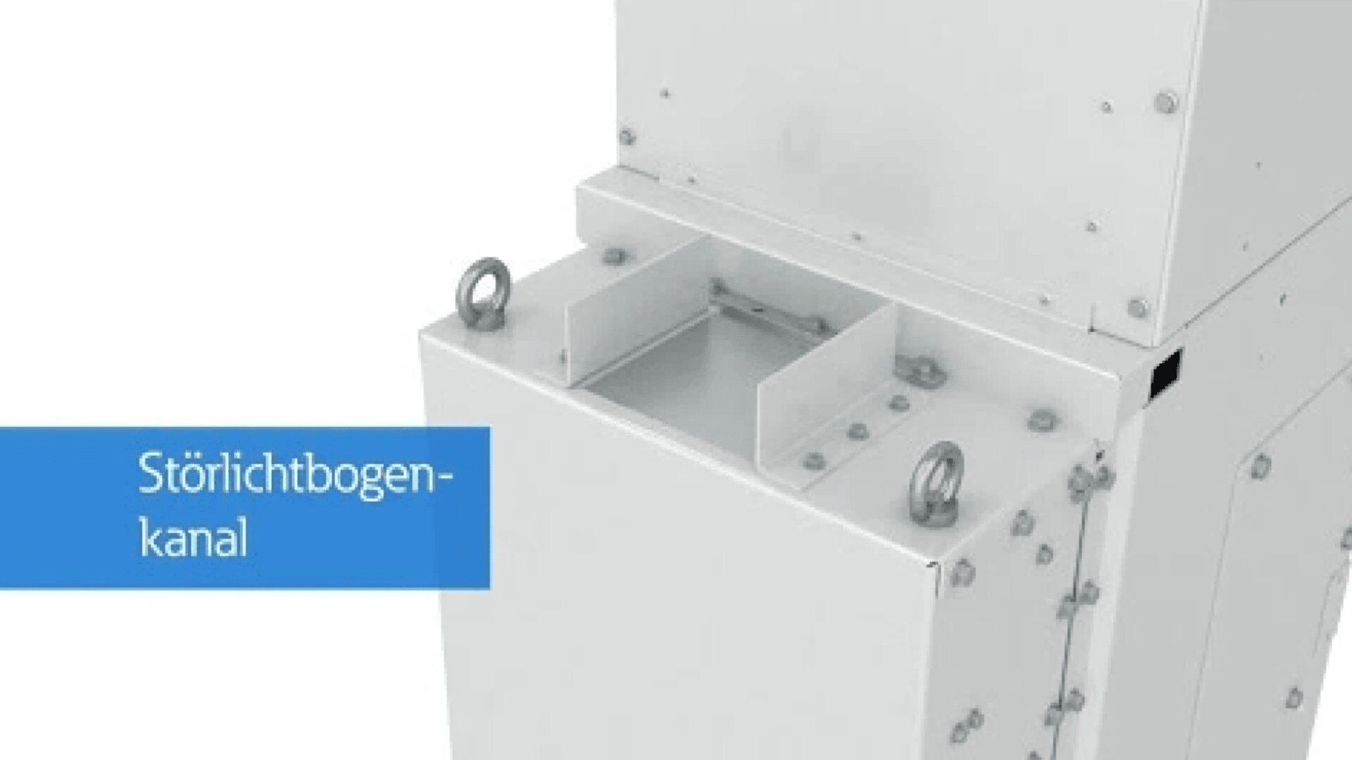A white industrial machine with metal loops and a rectangular opening is shown. A blue label on the left reads Störlichtbogen-kanal in German.