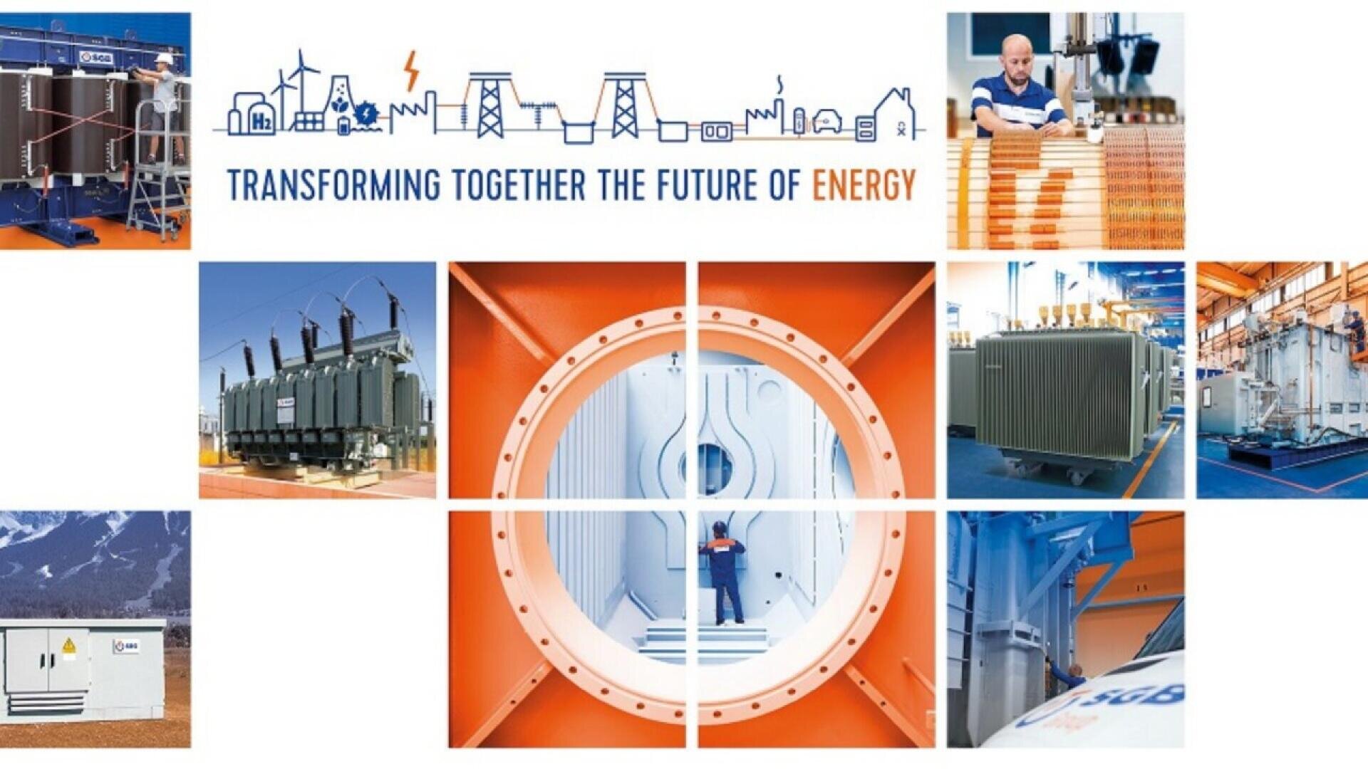 A collage features electrical transformers, a worker inspecting copper coils, a person standing inside industrial equipment, and energy facilities, with the text Transforming Together the Future of Energy at the top.