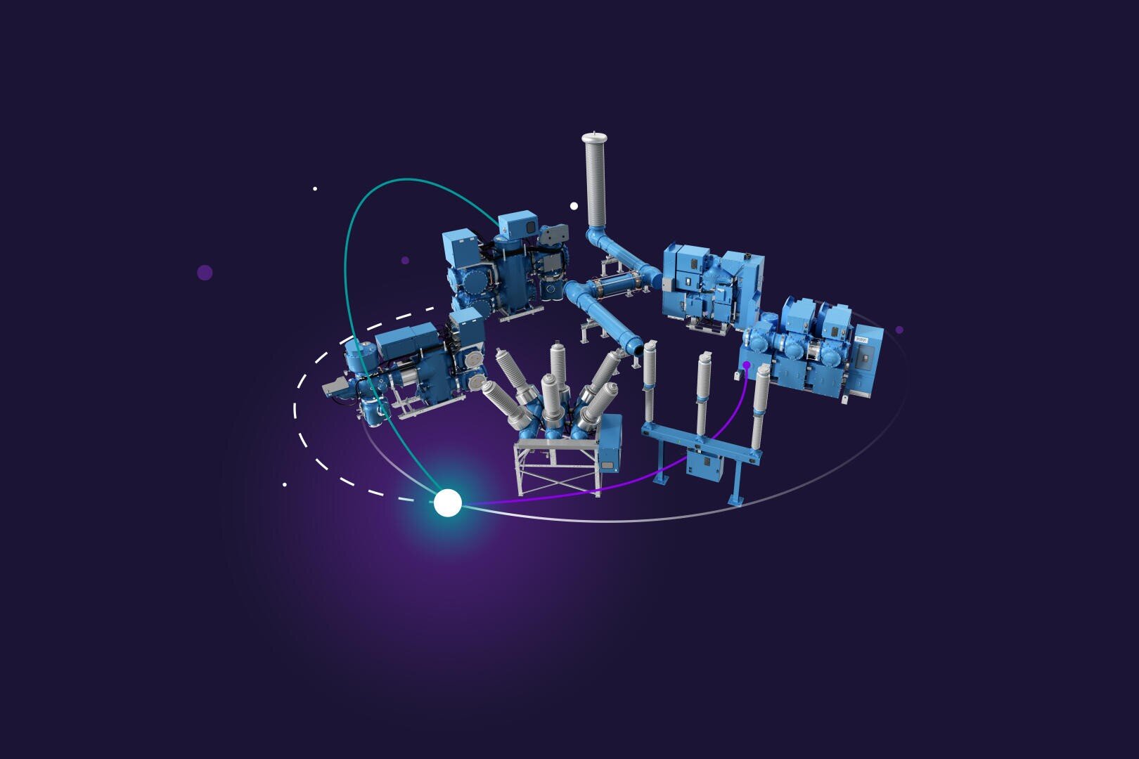 Eine digitale Illustration von blauen Industriemaschinen, die in einer kreisförmigen Formation auf einem dunkelvioletten Hintergrund angeordnet sind, mit leuchtenden Linien und einer hellen weißen und violetten Kugel in der Mitte, die den Orbit oder die Konnektivität darstellt.