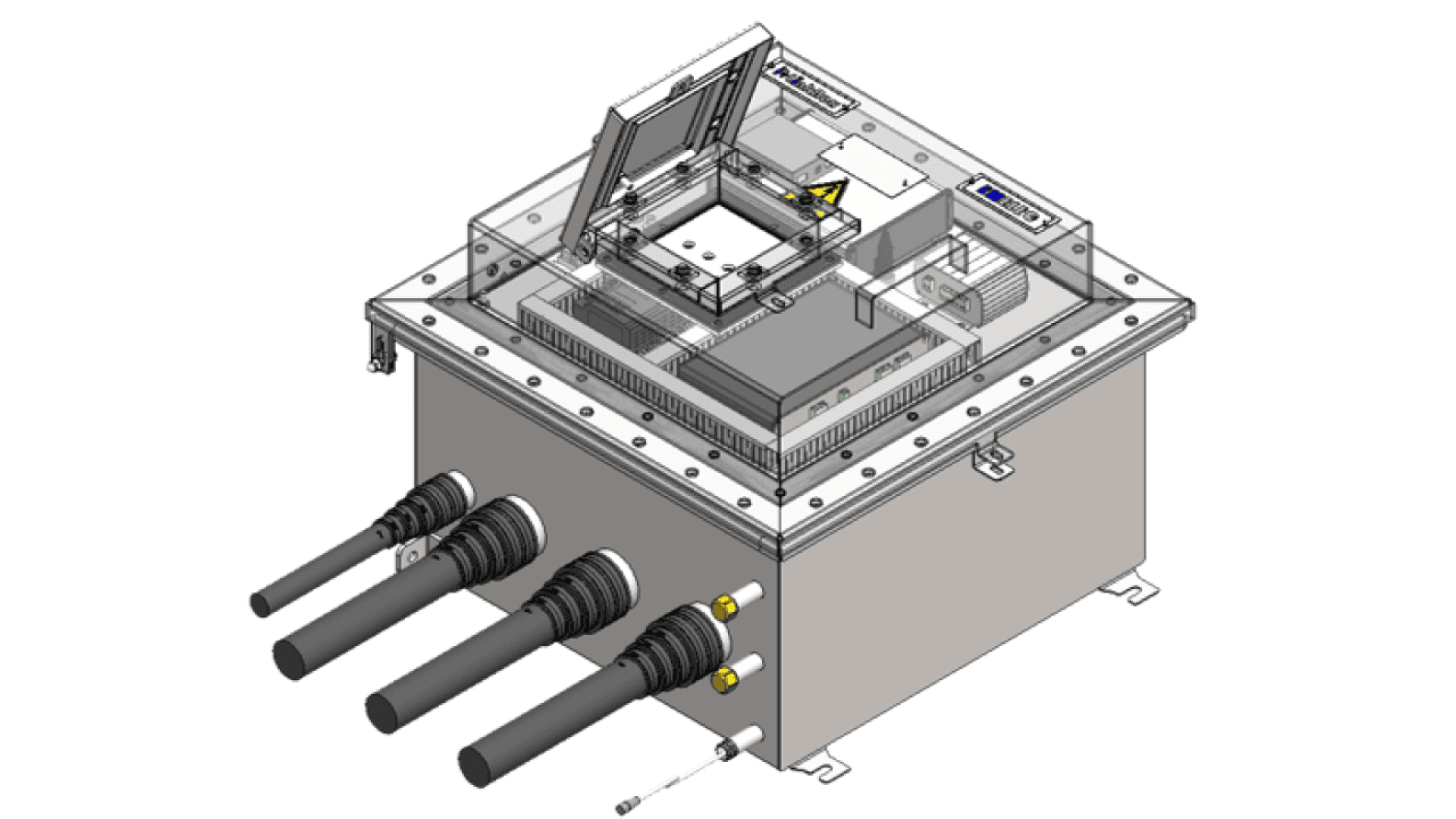3D-rendered diagram of an industrial electrical enclosure with three large cable connectors, a hinged transparent cover, control buttons, and warning labels on top. The enclosure has mounting brackets at the base.