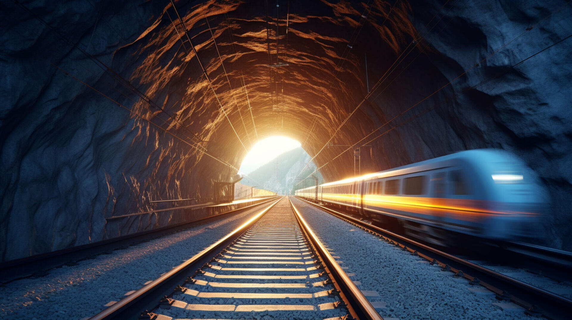 A speeding train enters a rocky tunnel, with sunlight shining brightly at the far end, illuminating the train tracks and the tunnel interior.