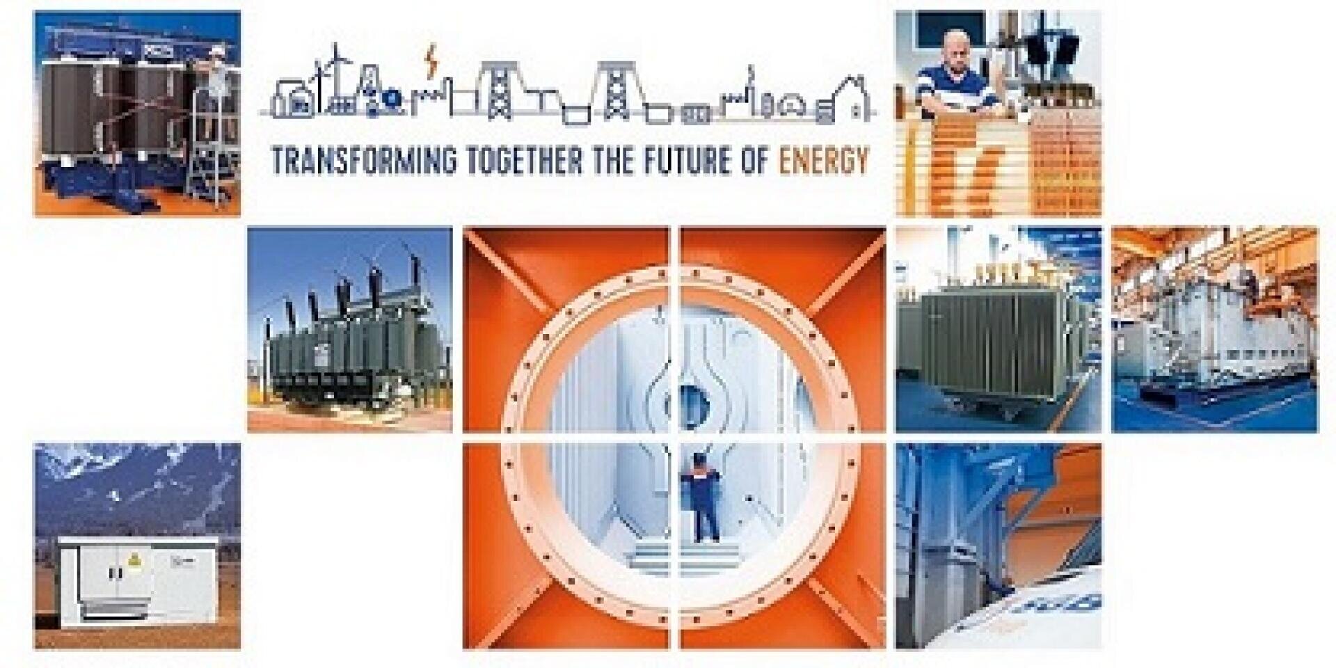Eine Collage aus energierelevanten Bildern, darunter Transformatoren, Geräte, Ingenieure bei der Arbeit und Industrieszenen, mit dem Text Transforming Together the Future of Energy über illustrierten Energiesymbolen.