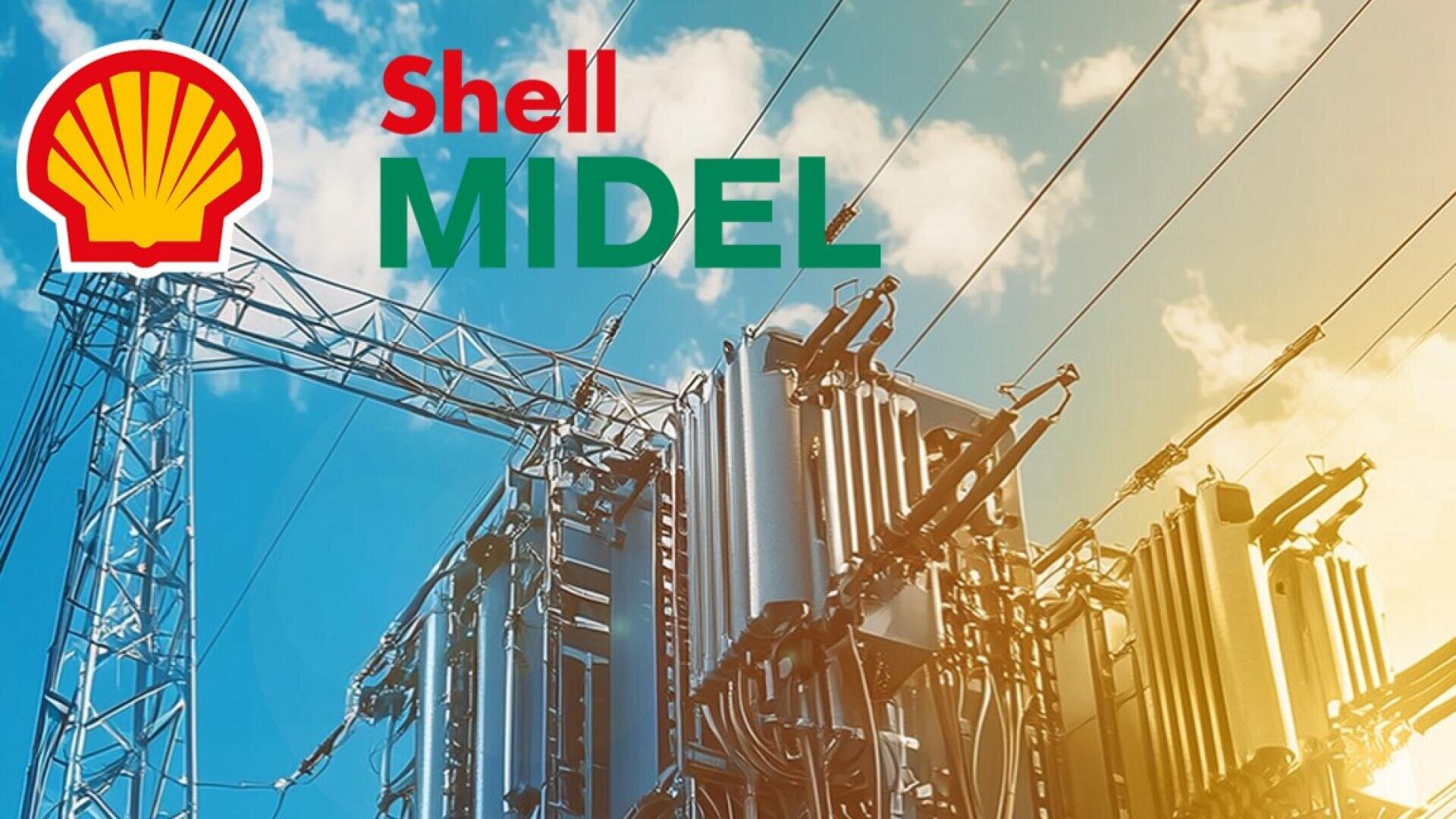 Elektrische Hochspannungstransformatoren und Stromleitungen vor einem Himmel mit dem Shell-Logo und dem Schriftzug Shell MIDEL in der oberen linken Ecke.