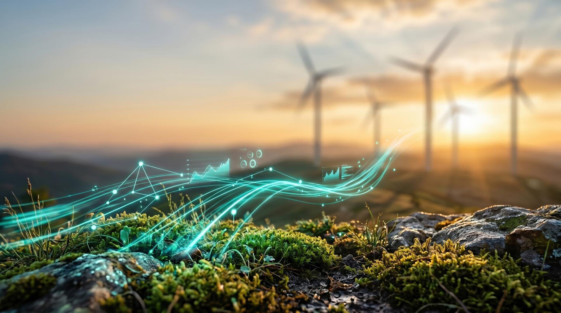 Windkraftanlagen stehen bei Sonnenuntergang auf einem Feld, im Vordergrund sind üppig grünes Moos und Felsen zu sehen. Digitale Stromleitungen und Datengrafiken ziehen sich quer durch das Bild und symbolisieren erneuerbare Energien und Technologie.