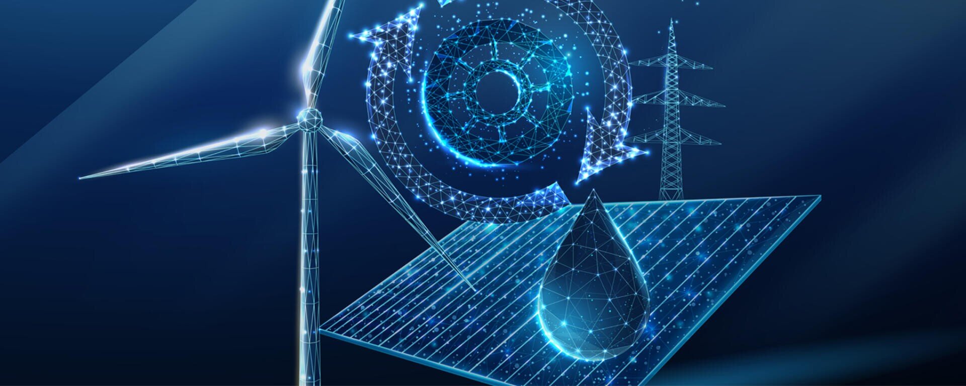 Eine digitale Illustration zeigt eine Windturbine, ein Solarpanel, einen Wassertropfen, eine Stromleitung und einen kreisförmigen Pfeil, die erneuerbare Energien und Nachhaltigkeitskonzepte auf einem dunkelblauen Hintergrund darstellen.