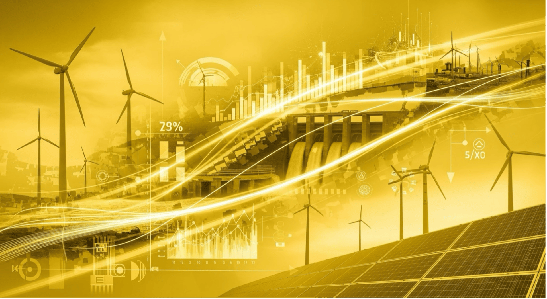 A digitally enhanced image of wind turbines, solar panels and a dam, overlaid with energy diagrams, tables and glowing yellow waves symbolizing renewable energy and technology integration.