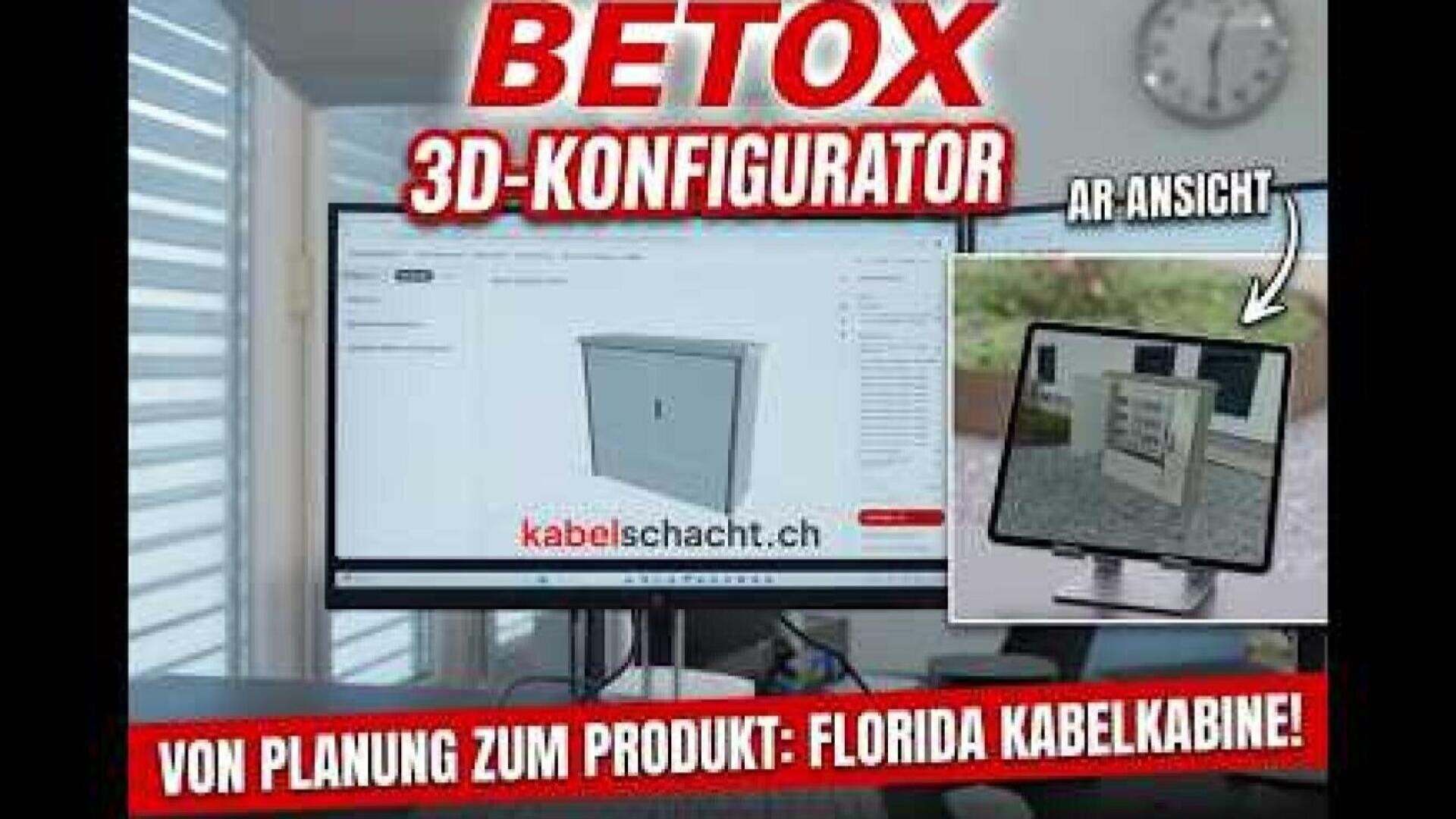 A computer monitor shows a 3D configurator for a cable box from kabelschacht.ch. An overlay shows an AR view on a tablet. The text is printed in bold: BETOX 3D CONFIGURATOR and FROM PLANNING TO PRODUCT: FLORIDA CABLE BOX.