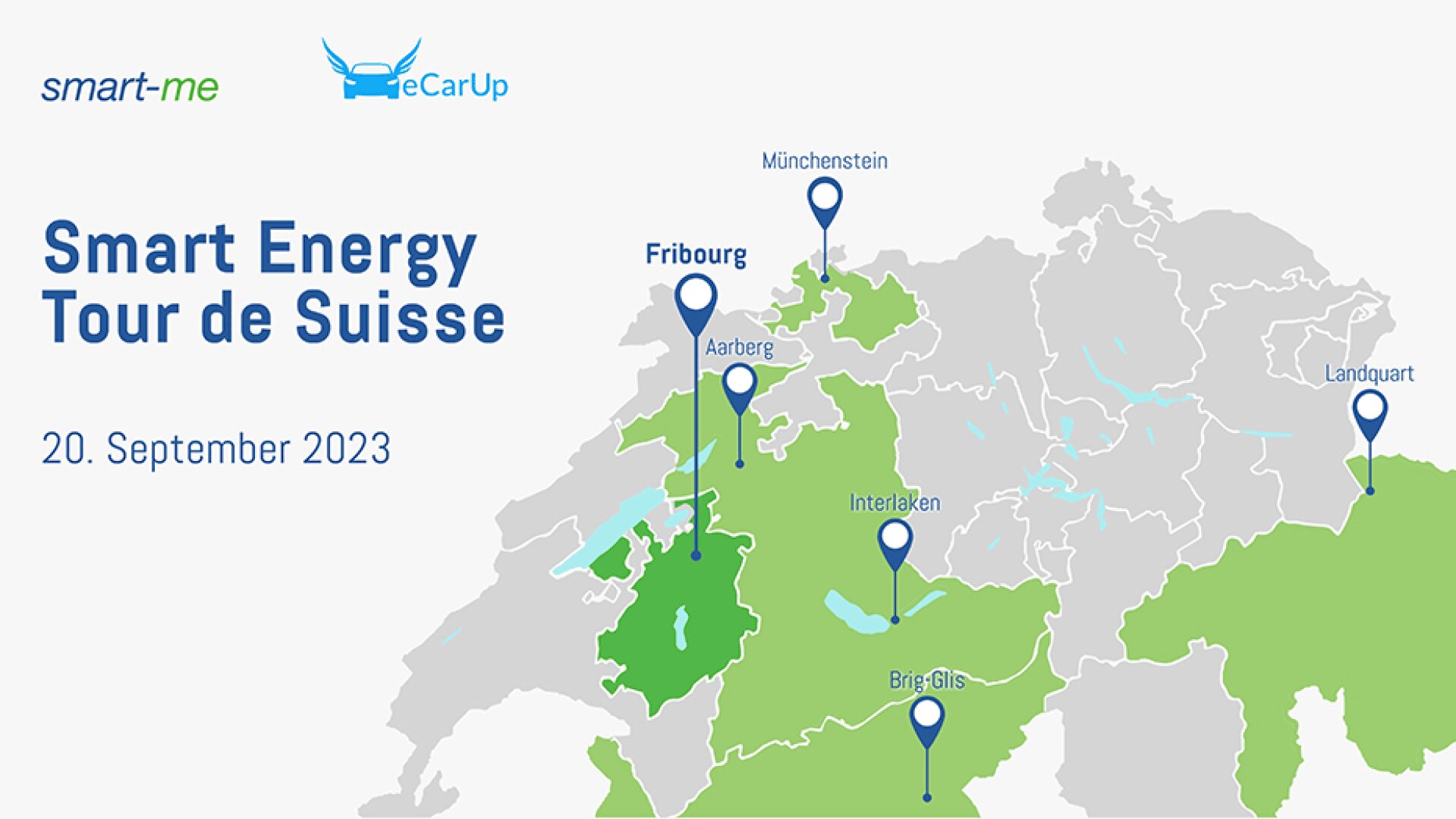 Karte der Schweiz mit sechs markierten Orten und Veranstaltungstext: Smart Energy Tour de Suisse, 20. September 2023. Oben erscheinen die Logos von smart-me und eCarUp.