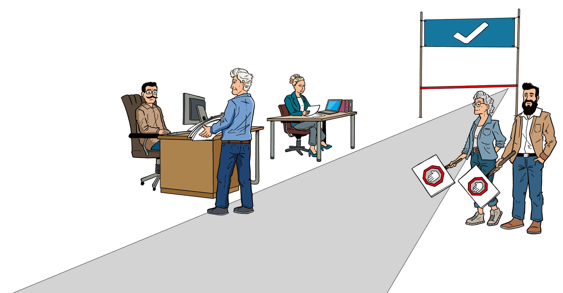 Ein älterer Mann übergibt einem Büroangestellten Dokumente, während eine Frau an einem Computer arbeitet. In der Nähe stehen zwei Personen mit Stoppschildern und ein jüngerer Mann an einem Weg, der zu einem Häkchen-Banner führt.