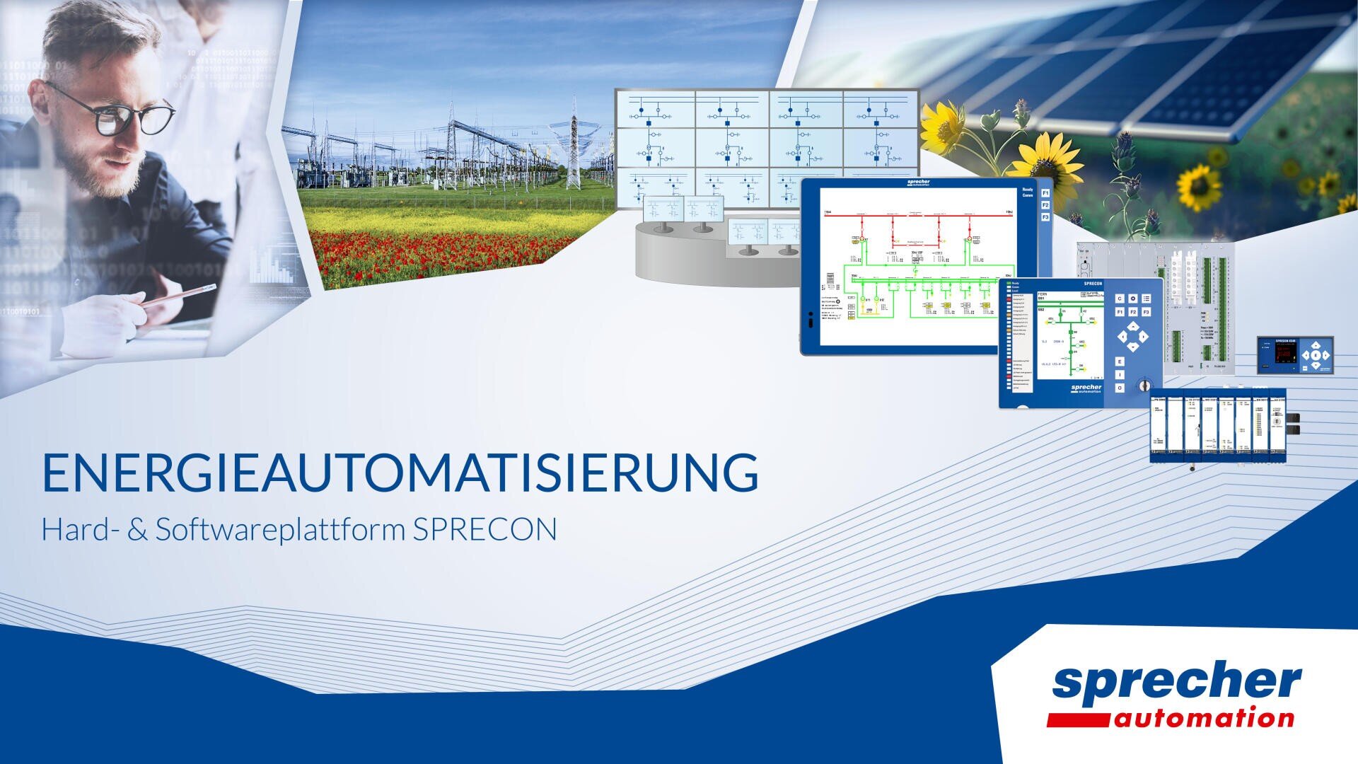 Collage mit Kraftwerken, Sonnenkollektoren, Blumen und Computerbildschirmen mit Energieautomatisierungssoftware. Der Text lautet: ENERGIEAUTOMATISIERUNG Hard- & Softwareplattform SPRECON sprecher automation.