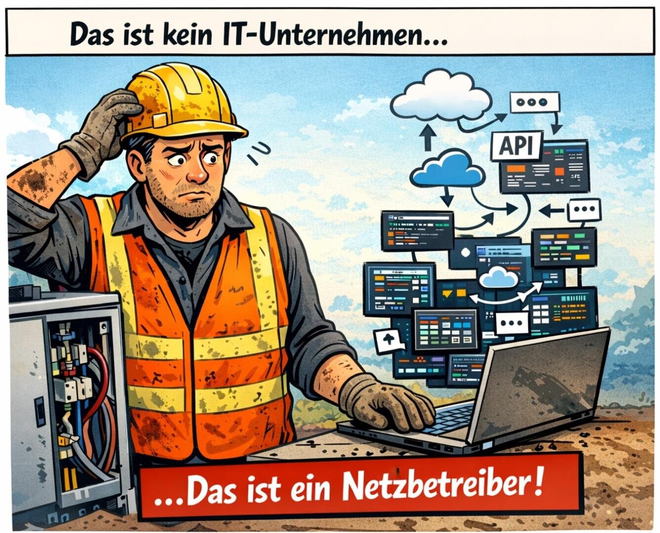 Ein Bauarbeiter in Sicherheitsweste und Helm schaut verwirrt auf einen Laptop, auf dem Cloud- und Netzwerkdiagramme abgebildet sind. Oben steht: "Das ist kein IT-Unternehmen...", unten: "...Das ist ein Netzbetreiber!".