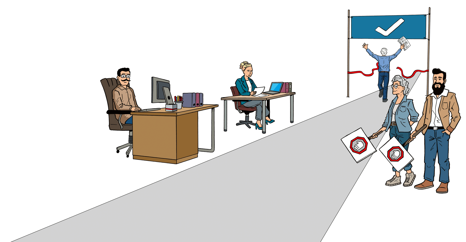 Ein Mann an einem Schreibtisch und eine Frau an einem Computer arbeiten, während andere einen Mann feiern, der eine Ziellinie mit einem Häkchen-Banner überquert. Zwei Personen halten lächelnd "Zutritt verboten"-Schilder in die Höhe.
