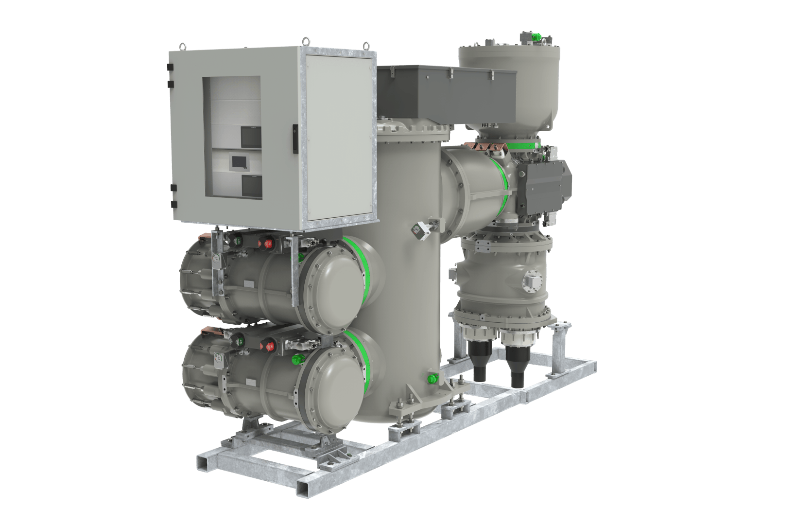 Ein großes industrielles elektrisches Schaltgerät mit einem Schaltkasten, mehreren zylindrischen Bauteilen und einem Metallrahmen, alles auf einem Metallsockel montiert, vor einem schlichten weißen Hintergrund.